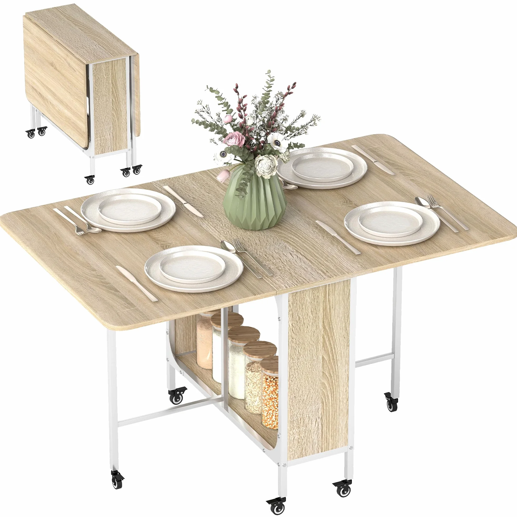 HOMCOM Tavolo da Pranzo Pieghevole, Tavolo a Ribalta per 4-6 Persone, Tavolo da Cucina Salvaspazio Moderno con Ripiano e 6 Ruote, in Metallo, 130x80x74 cm, Color Legno