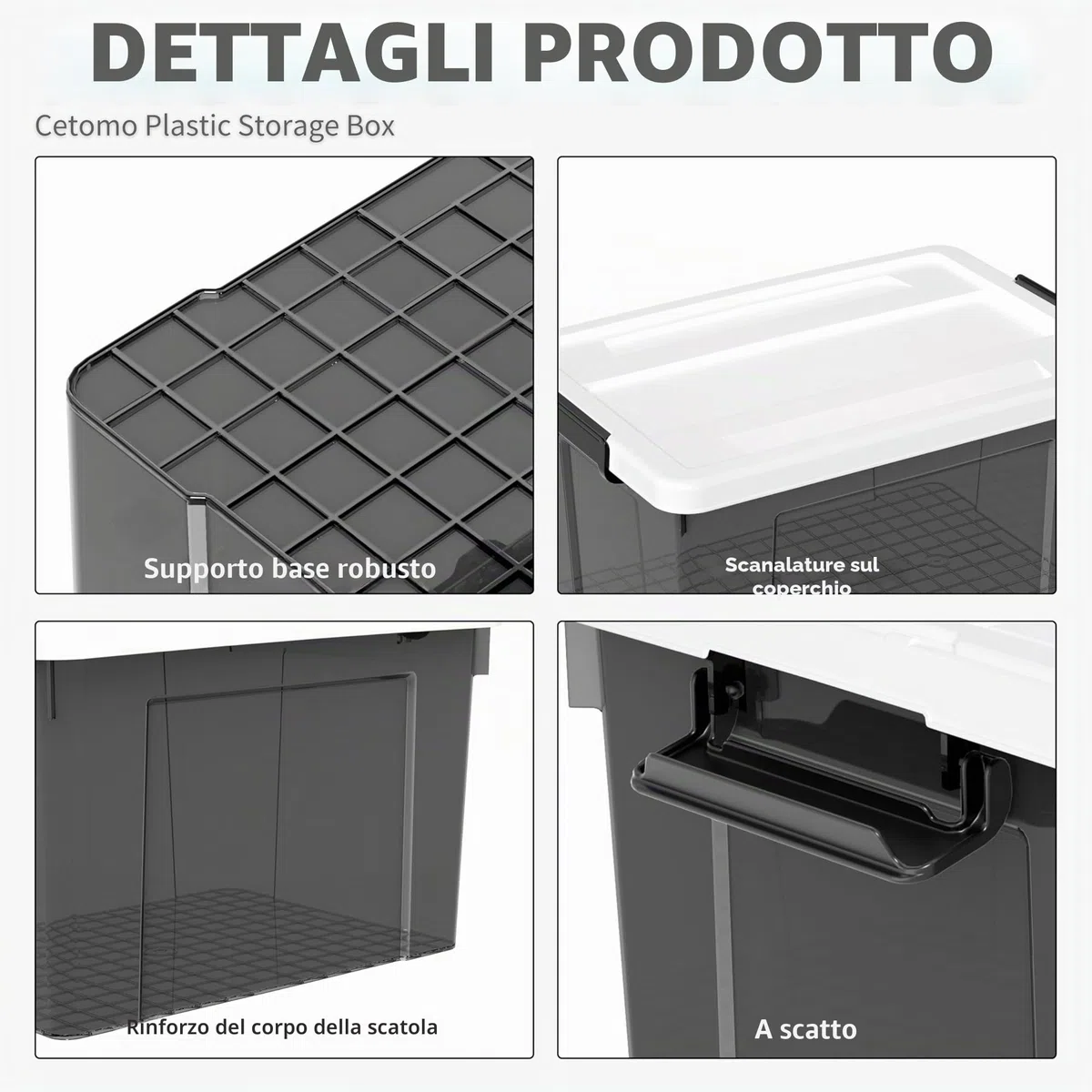 Cetomo 90L*3 Scatole di Stoccaggio in Plastica, Scatole Portaoggetti con Coperchio, Organizzatore, Contenitori per Casa e Ufficio, Impilabile, Resistente, Nero Chiaro, 90L - Confezione da 3