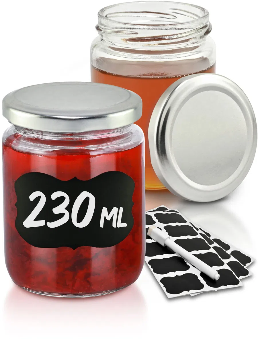 Praknu 25 Vasetti di Vetro per Conserve da 230ml - Con Etichette e Pennarello - Ermetici - Lavabili in Lavastoviglie - Ideali da Regalare