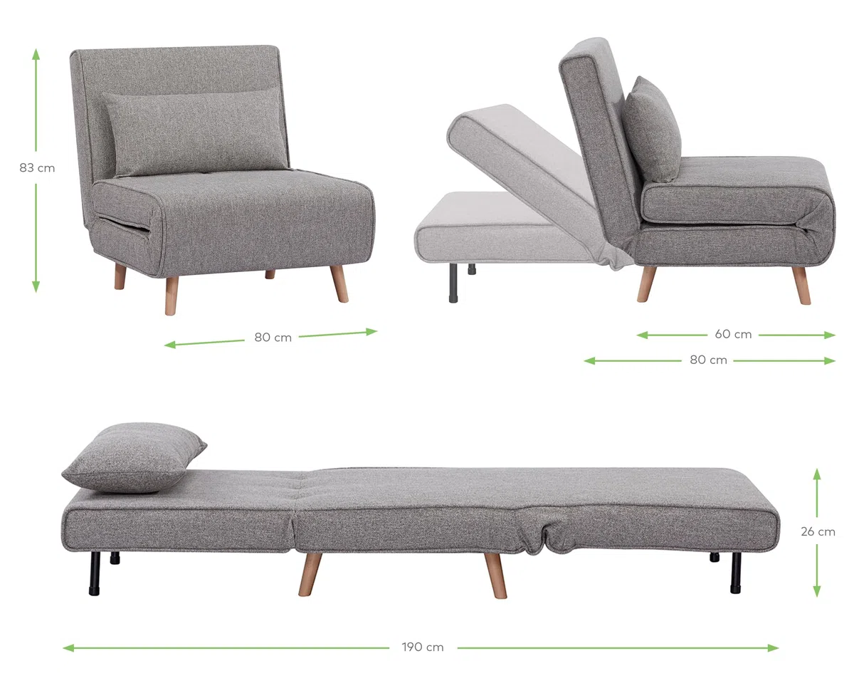 EVERGREENWEB Poltrona Letto Singolo con Cuscino Imbottito INCLUSO, Tessuto Grigio Chiaro, Divano 1 Posto Salvaspazio Pieghevole, Pouf Poggiapiedi, Schienale Regolabile Clic Clac, Gambe in Legno, FOLDY