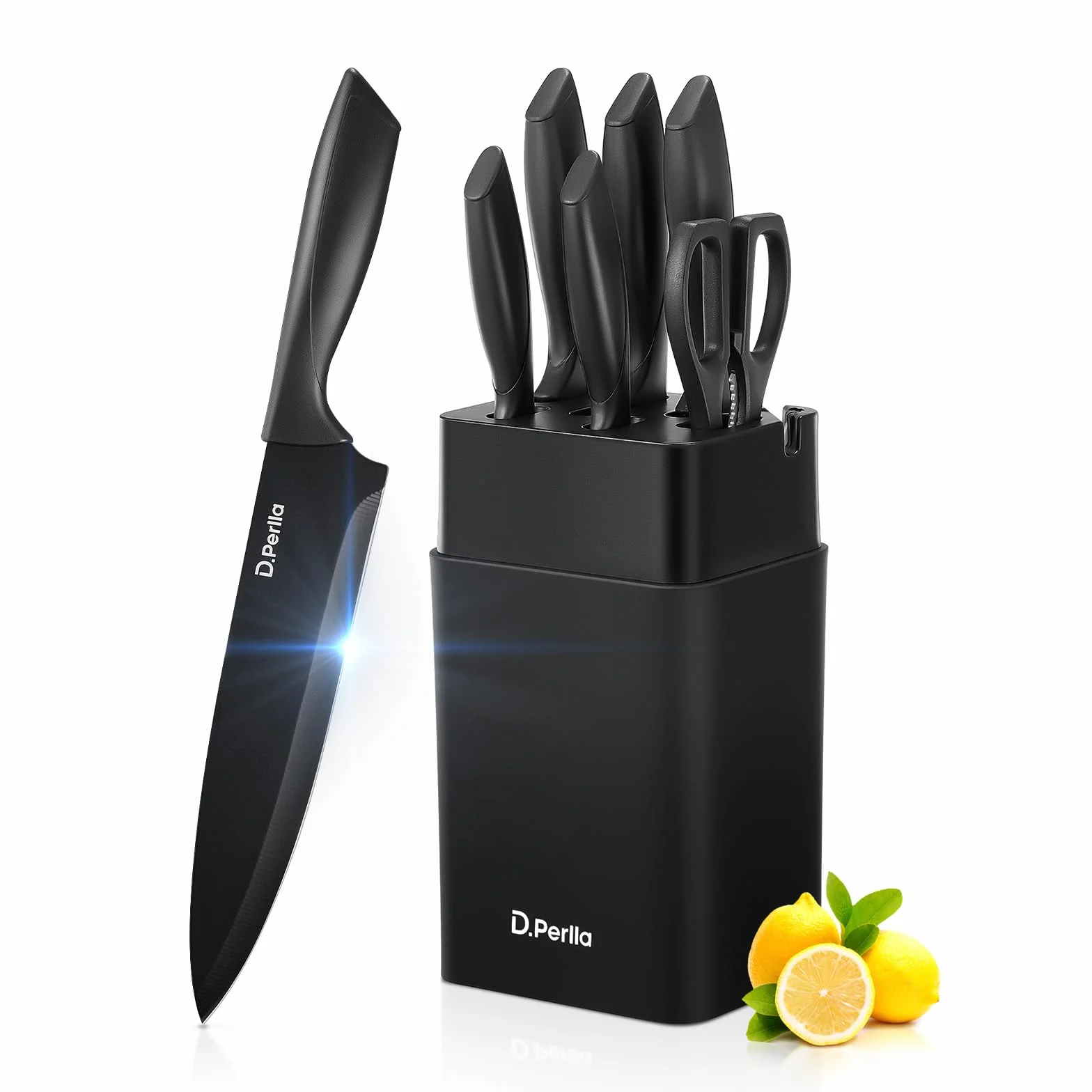 D.Perlla Set Coltelli da Cucina 7 Pezzi con Ceppo Universale e Affilatore Integrato, Coltelli da Cucina in Acciaio Inox, Lama del Coltello Antiaderente e Affilata, Nero