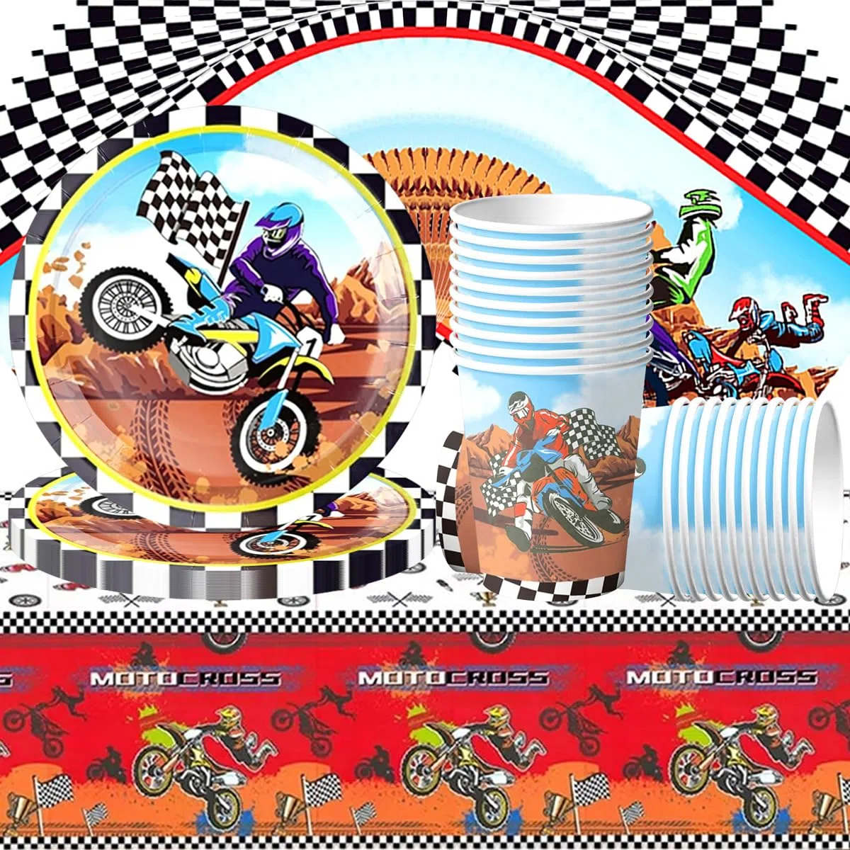 Set di 61 stoviglie da motocross, accessori per feste da corsa, decorazione di compleanno per bambini, tra cui bicchieri di carta, tovaglioli e tovaglia, adatto per 20 ospiti