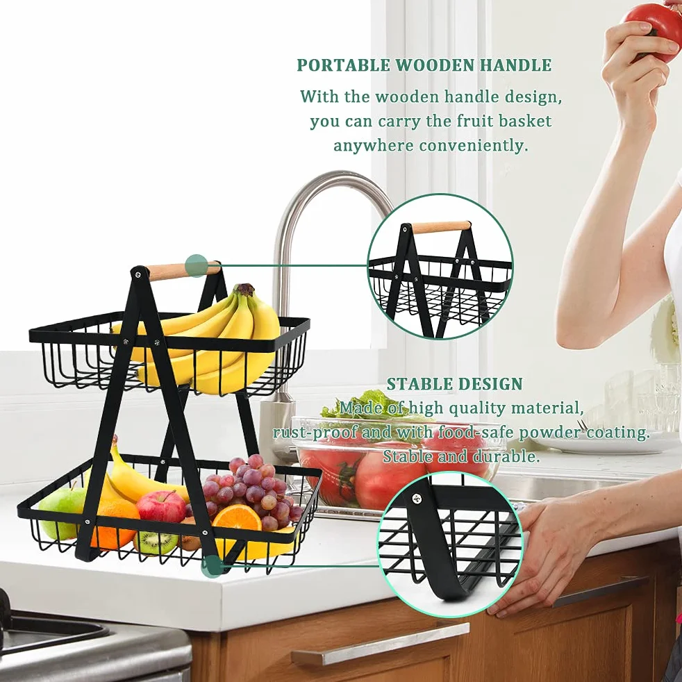 Bianco Porta Frutta a Piani, Nero Portafrutta a Ripiani, Portafrutta a Ripiani Moderno, Cesto Portafruttas a 2 Livelli, Ortaoggetti Staccabile per Verdure, Portafruttas