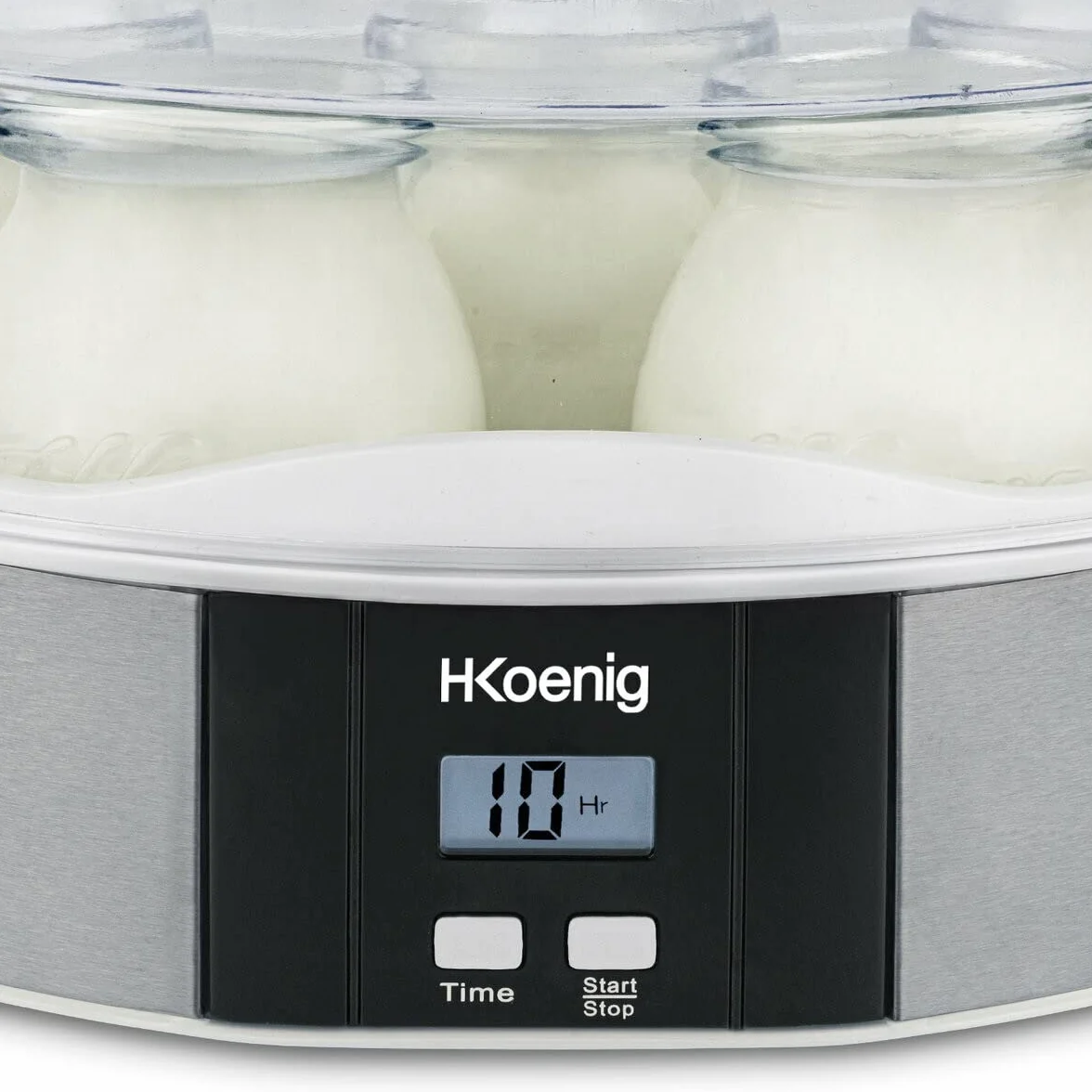 H.Koenig Yogurtiera 7 vasetti ELY70, Capacità 7 x 160 ml, Programmabile fino a 15 ore, Display LCD, Corpo in acciaio inox, Lavabile in lavastoviglie, Arresto automatico, Potenza 15 W
