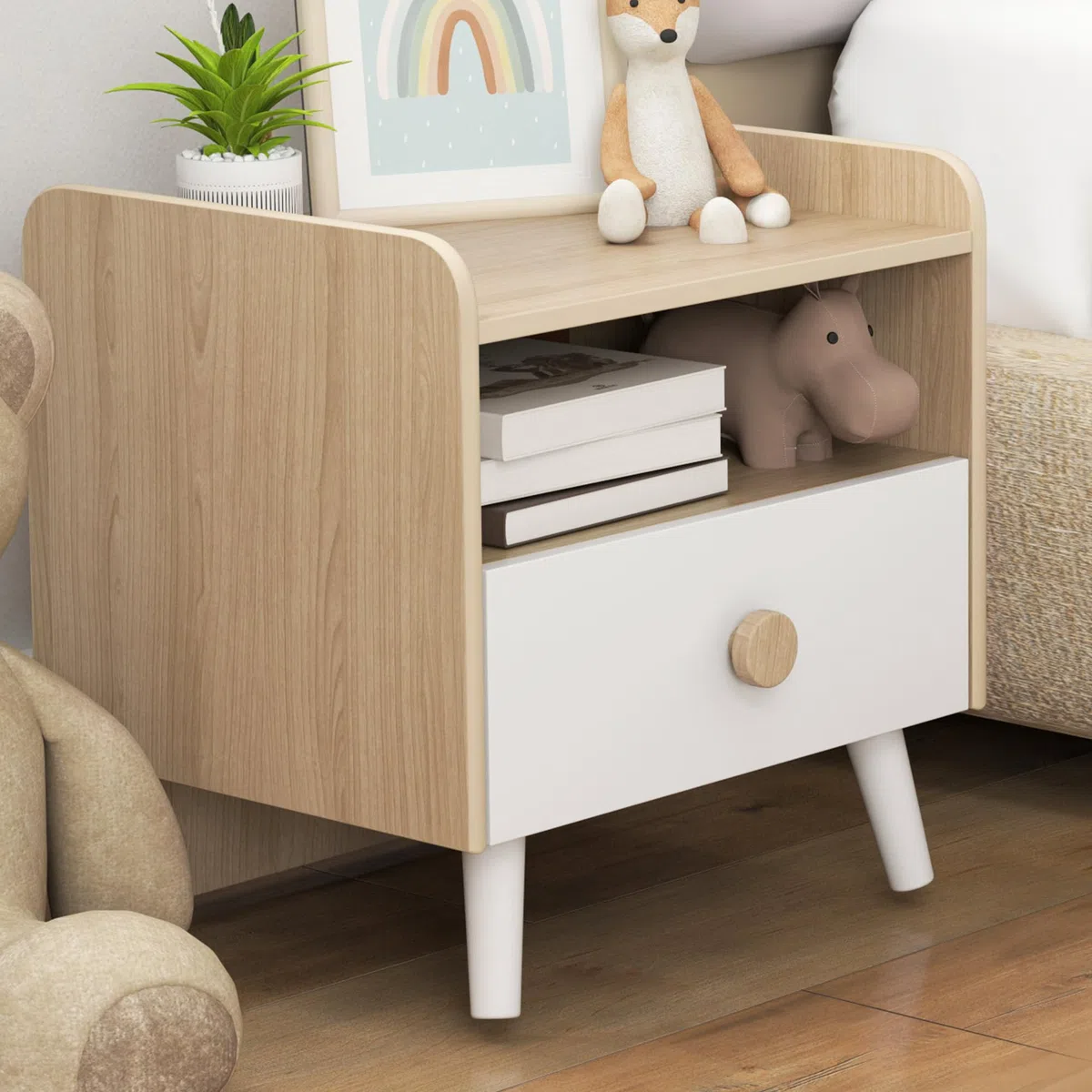 AIYAPLAY Comodino con Cassetto per Bambini 3-10 Anni dal Design Minimal, Comodino per Camera da Letto in MDF e Legno di Pino, 40x32.5x40 cm, Bianco e Legno Naturale