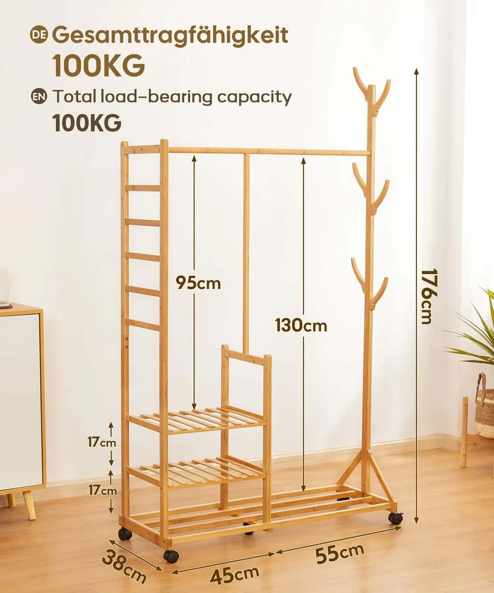 Yorbay Appendiabiti in bambù con Ruote,con 3 Ripiani e 6 Gancio ad Albero,176x100x38 cm, per Vestiti,Cappelli,Borse e Scatola per Scarpe (Naturale)