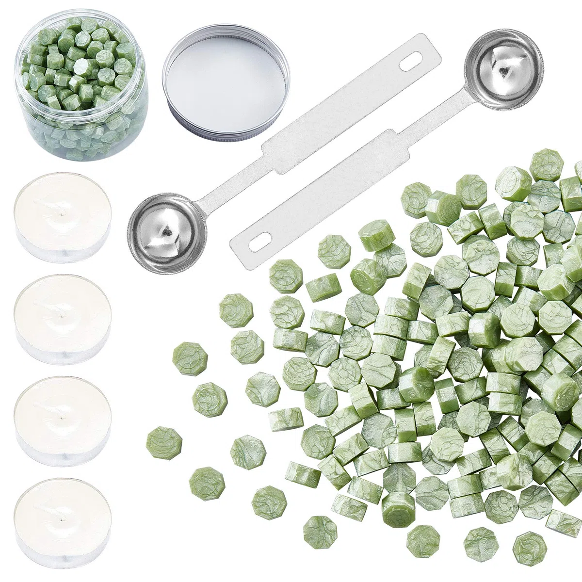 CRASPIRE 280 pezzo di Perline di Cera Sigillanti Ottagono Bastoncini con 4 candele di Tè e 2 cucchiai di Cera per Sigillare Timbri di Cera (Verde)