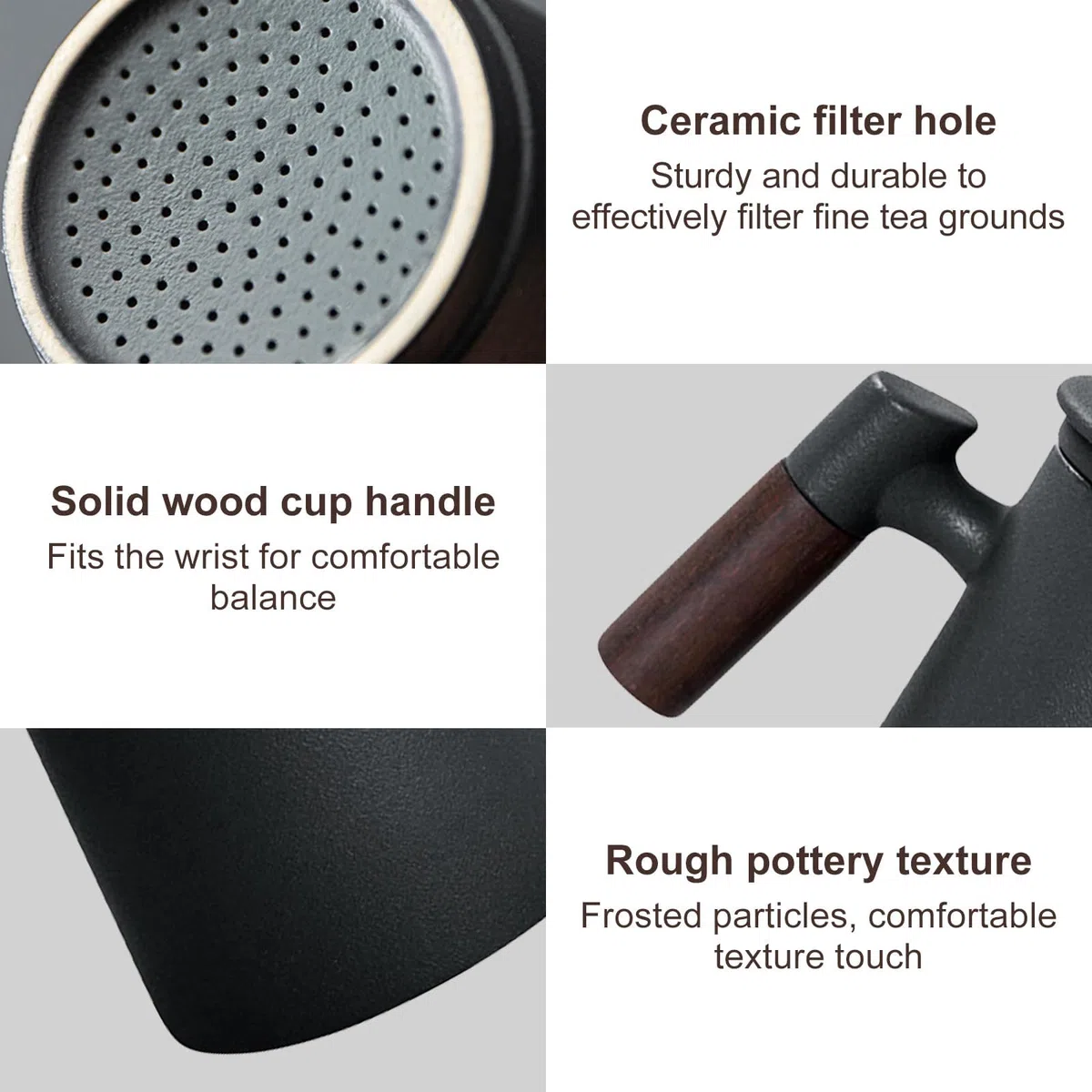 Tazza Manico Legno, Teiera In Ceramica Con Filtro E Coperchio, Per Tisana E Tè Sciolto, Uso Casa Ufficio (Nero)