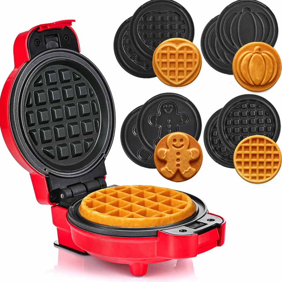LEHMANN Mini Piastra per Waffle con Piastre Intercambiabili, Forme Zucca, Omino di pan di zenzero, Cuore e Classica, Rivestimento antiaderente – Ideale per le feste dei bambini, Rosso
