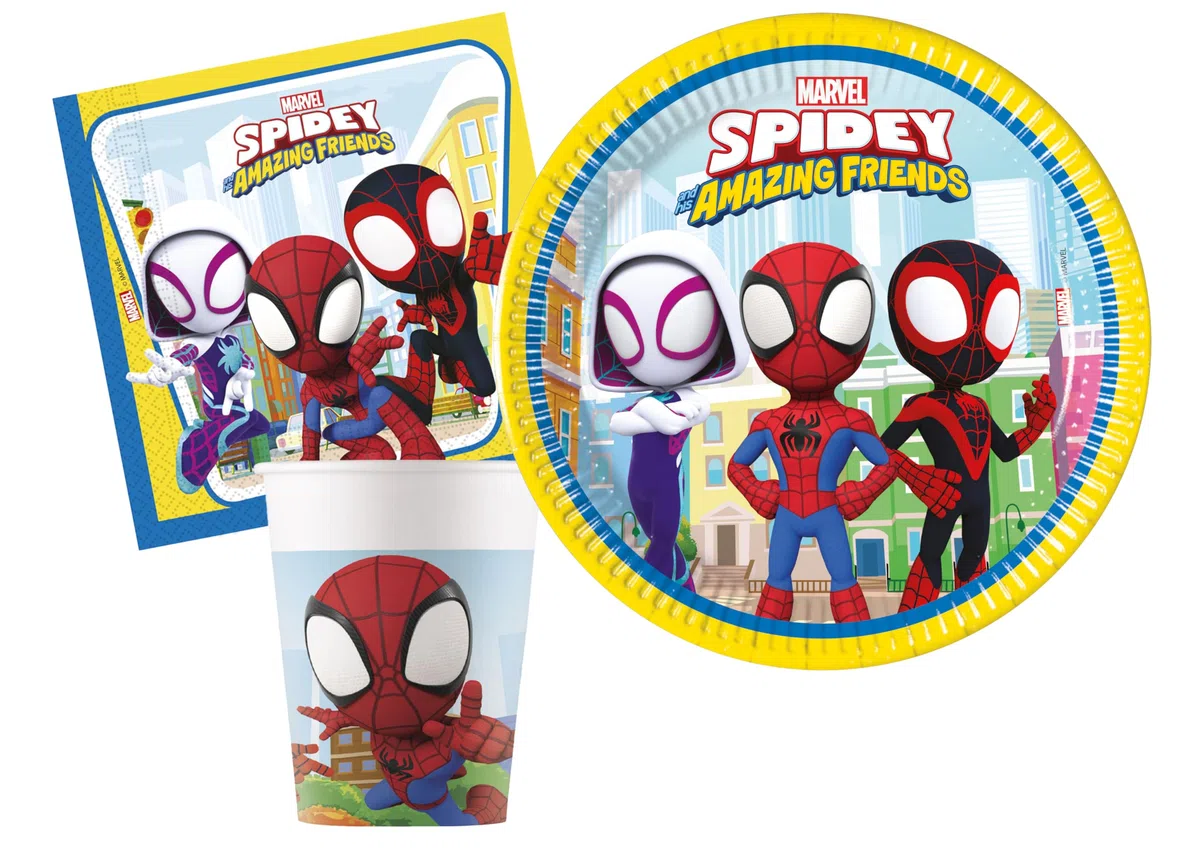 Kit Party Tavola Marvel Spider-Man Spidey and His Amazing Friends per 24 persone (88 pezzi: 24 piatti Ø23cm, 24 bicchieri 200ml, 40 tovaglioli 33x33cm)