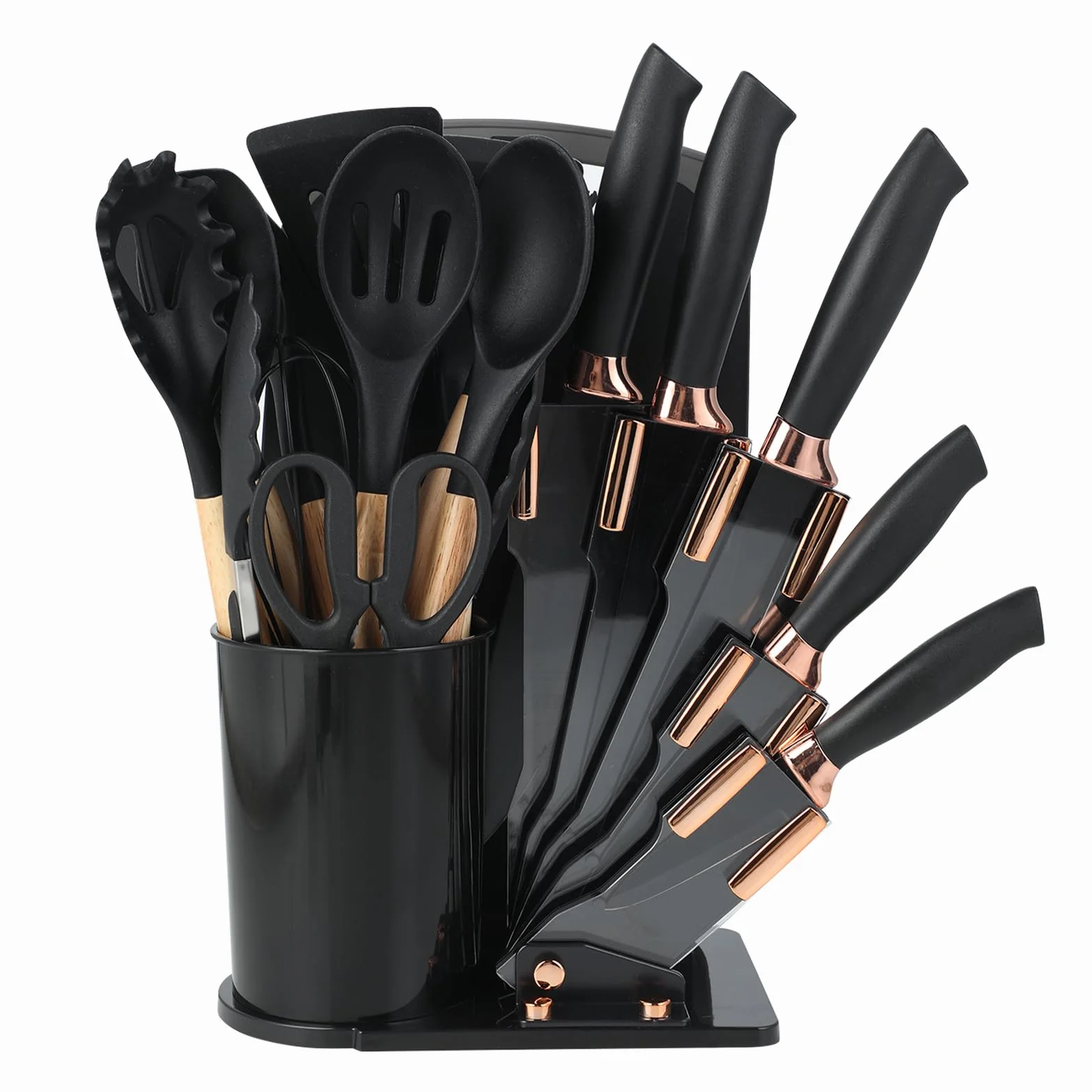 Set di 19 coltelli da cucina, in silicone, con 12 utensili da cucina, 5 coltelli, tagliere e supporto, lavabile in lavastoviglie (Nero/Bianco)