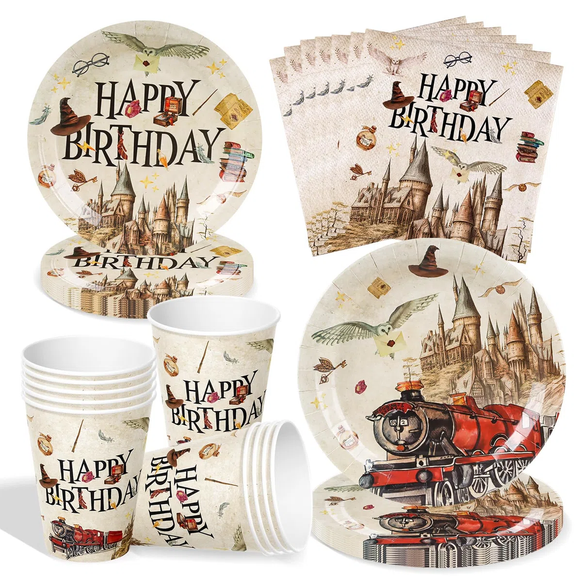 Stoviglie per Feste di Compleanno Wizard, Set di Stoviglie per Feste di Compleanno di Harry, 50 Pezzi Piatti di per Tema Harry, Decorazioni Mago per Bambini: Piatti, Tazze, Tovaglioli