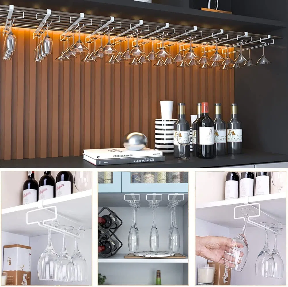 4 Pezzi Porta Bicchieri da Vino Sospeso Supporto per Calici di Vino Sottopensile Rack per Calici Senza Foratura Scolabicchieri Vino in Metallo per Bar Ristorante Cucina (Bianco)