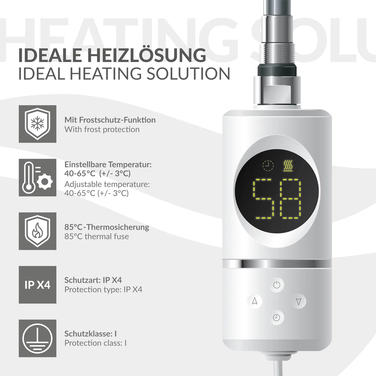 LuxeBath Resistenza Elettrica 300 W a Immersione Elemento di Riscaldamento per Calorifero Radiatore Termosifone con Termostato Controllo della Temperatura Bagno e Schermo LCD Design Moderno Bianco