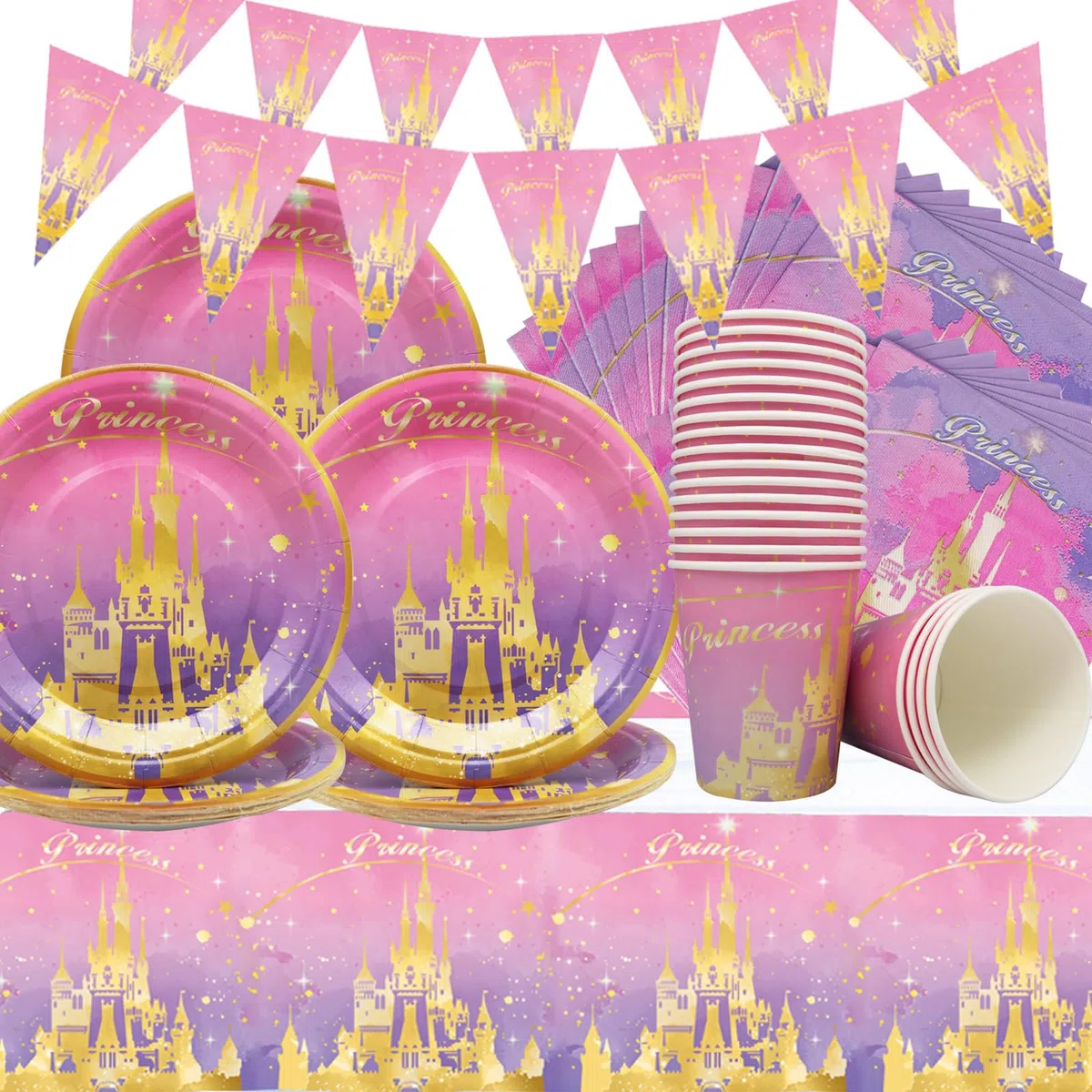 62 pezzi Bambini Set di Stoviglie per Compleanno,Doyomtoy Principesse per Festa di Complean Set Feste Piatti di Compleanno,Tazze,Tovaglioli,Tovaglie,Bandiera a triangolo Set di stoviglie Princess