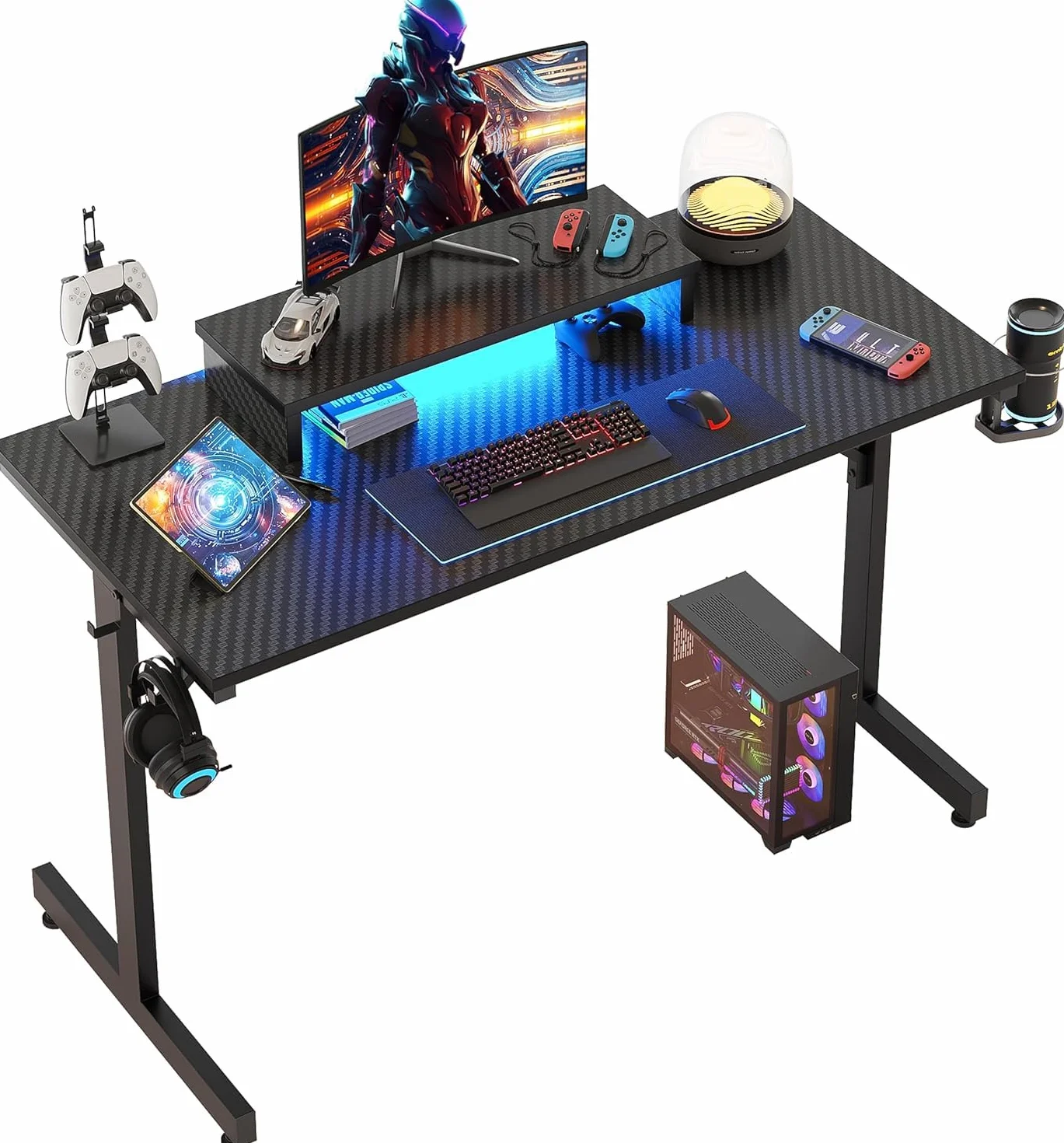Bestier Scrivania da Gioco LED per PC con Supporto per Monitor, Tavolo Stabile per Computer con Portabicchieri e Gancio per Cuffie, 106 cm (Nero)
