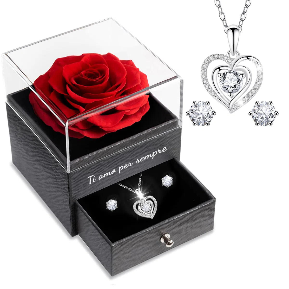 Sunia Festa della Mamma Idee Regalo, Vera Rosa Eterna con Collana Argento 925 Donna con e Orecchini, Rosa Stabilizzata Vera, Regalo Mamma Donna Compleanno, Regalo Festa della Mamma