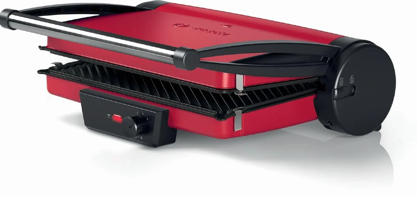 Bosch Bistecchiera TCG4104, 3 Posizioni di Cottura, 5 Livelli di temperatura, 2000W, Piastre Grill in Alluminio Rimovibili e Lavabili in Lavastoviglie, Rivestimento Ceramico Antiaderente, Rosso