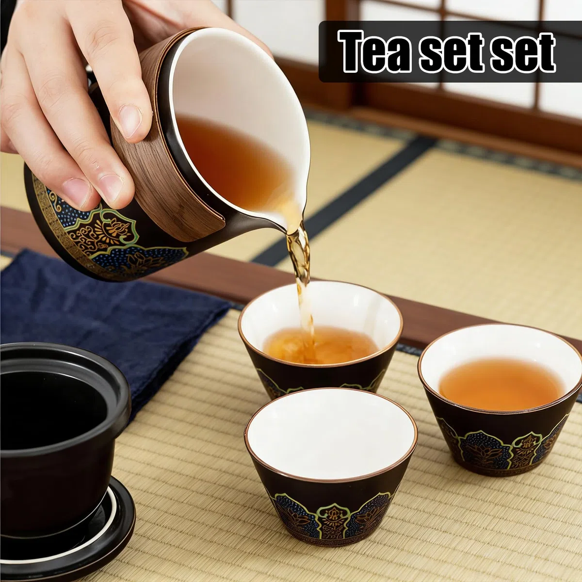 Set di teiera giapponese, da viaggio, portatile, servizio da tè giapponese, da viaggio in porcellana, 1 teiera (250 ml) + 3 tazze da tè (46 ml) + 1 contenitore da tè (180 ml), set da tè per ufficio