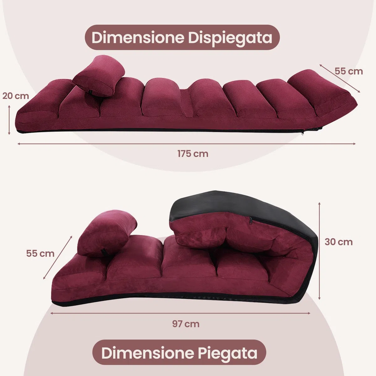 COSTWAY Sedia Pieghevole da Pavimento Portatile, Divano Imbottito, Regolabile in 5 Posizioni, Supporto per la Schiena, Ideale per Rilassarsi Leggere (Rosso)