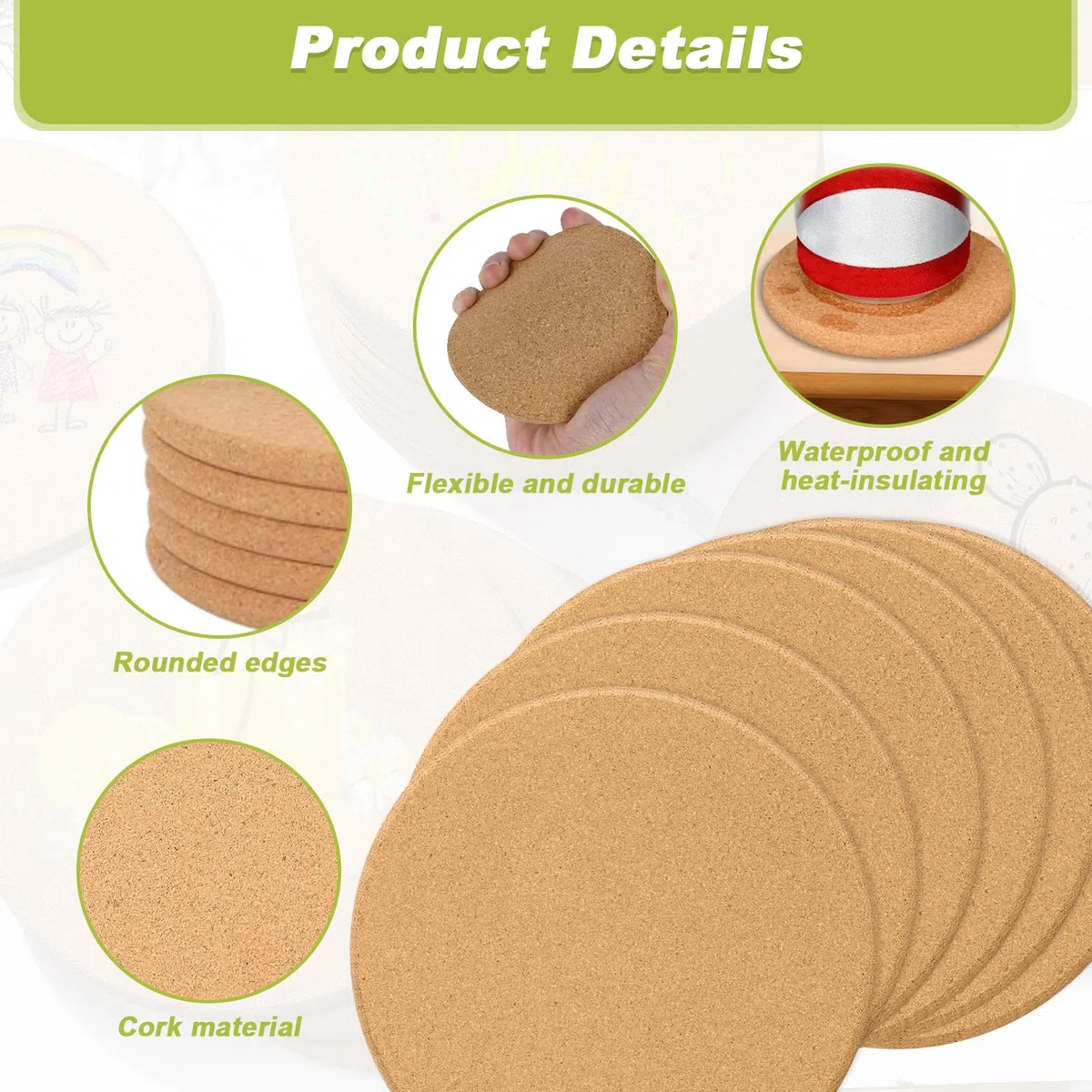 8 Pezzi Sottobicchieri Rotondi in Sughero 19cm da Diametro, Sottopentola Resistenti al Calore Antiscivolo 1cm Spessore, Sotto Piatti da Tavola Assorbenti per Cucina Pentole, Padelle, Casseruole, Piant