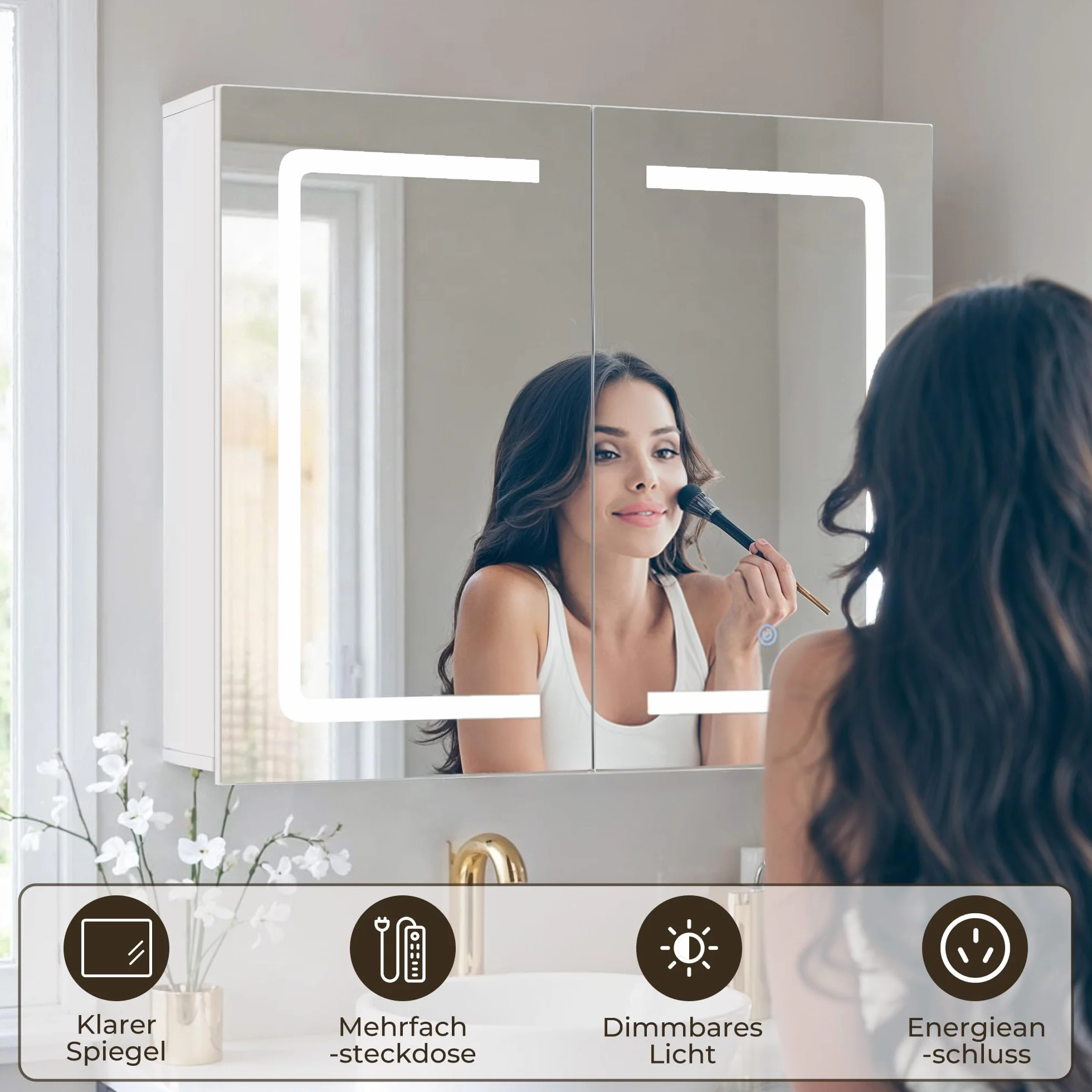 Armadio da bagno con specchio e illuminazione a LED, dimmerabile, con sensore di contatto,presa elettrica, ripiani regolabili,doppia porta in MDF di alta qualità,70X16X60CM,Bianco