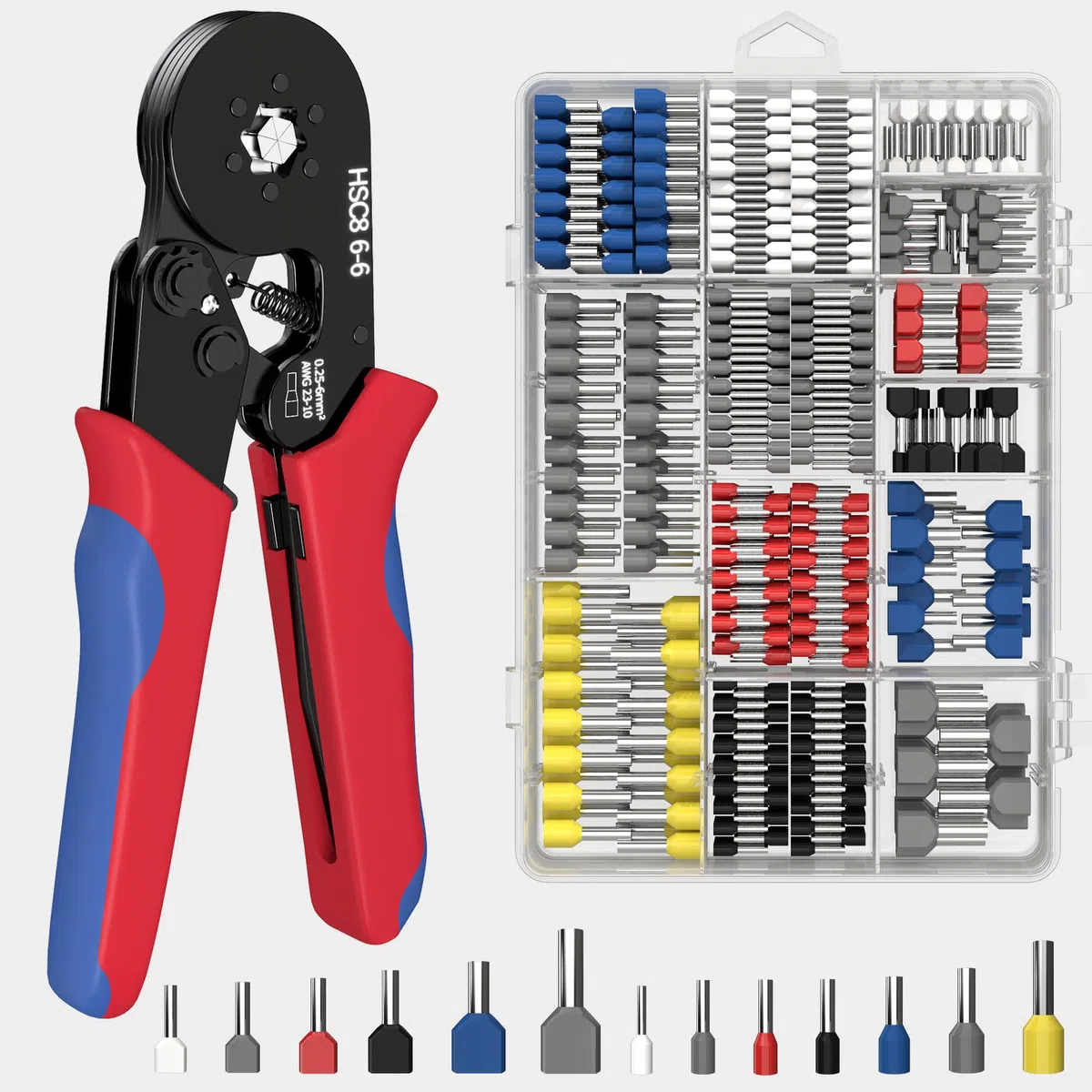Pinza Crimpatrice Capicorda con 1230pcs Cavo Connettori, 0,25-6 mm²,Strumenti di Crimpatura Pinza a Lati per Cavi a Cricchetto Autoregolabile 6-6 AWG 23-10