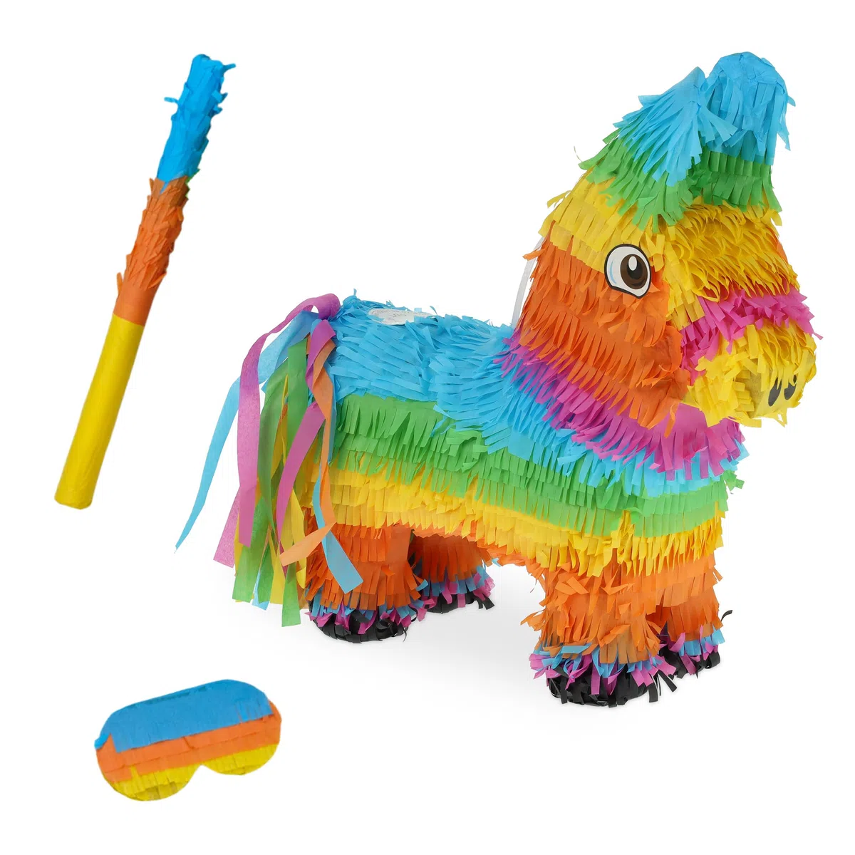 Relaxdays Pinata Esel con Bastone e Maschera, per Bambini, Compleanni, da riempire, 38x35x12 cm, Colorata