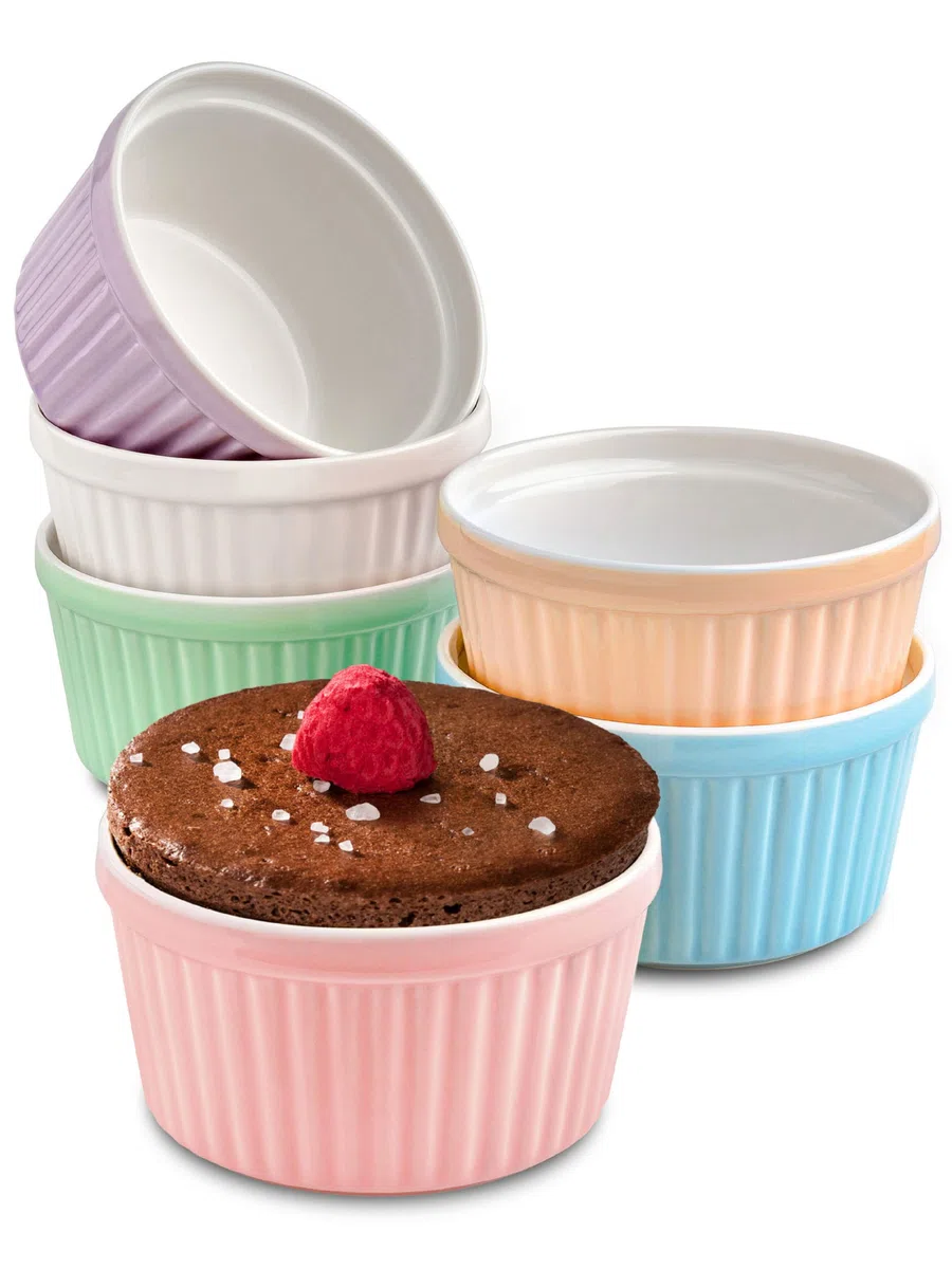 Praknu 6 Pirottini in Ceramica - Adatti per uso in Forno - 200 ml - ø 9 cm - Impilabili - Rivestimento Antiaderente - Imballaggio senza Plastica