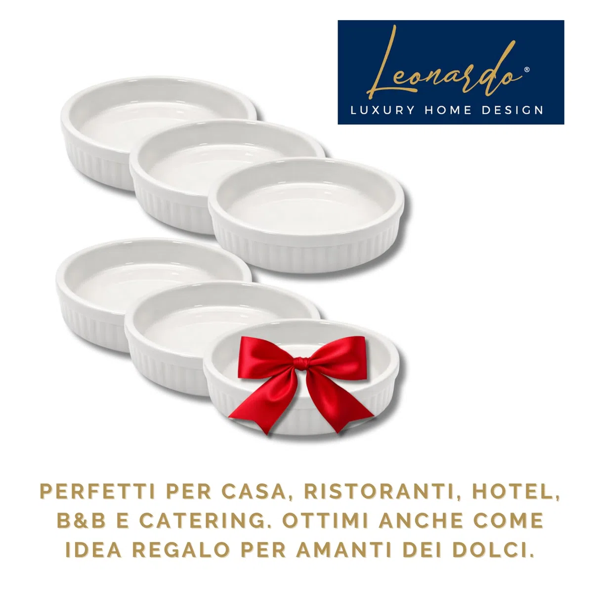 Set 6 Stampini da Forno Porcellana Bianca Ø 12x2,5H cm Cocotte Crema Catalana Crème Brûlée Soufflé Adatta Forno Microonde Lavastoviglie Elegante Idea Regalo