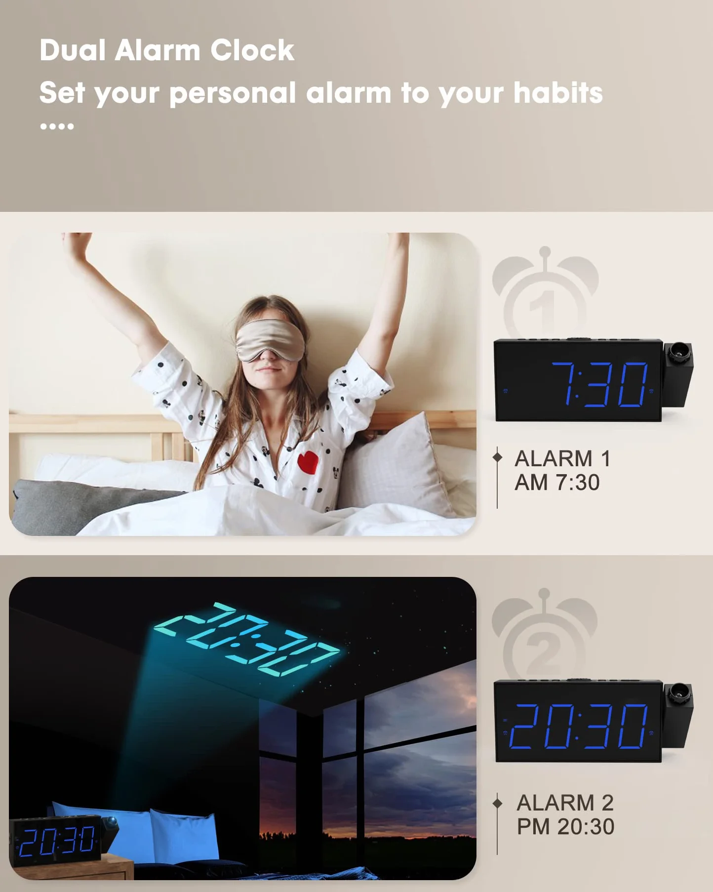 ROCAM Sveglia con Proiettore da Comodino, 7" Display LED &Dimmer, Porta USB, 12/24 Ore, Batteria Backup, Sveglia Digitale per Camera da Letto | Orologi a Proiezione
