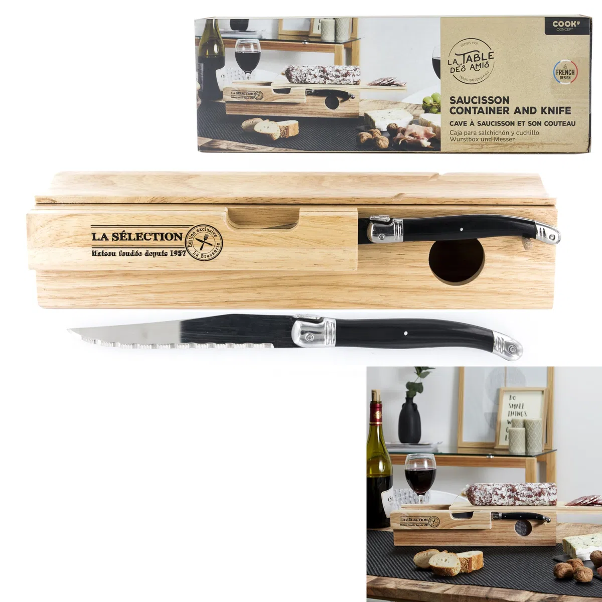COOK CONCEPT Scatola per Salsicce Laguiole con Coltello, Beige