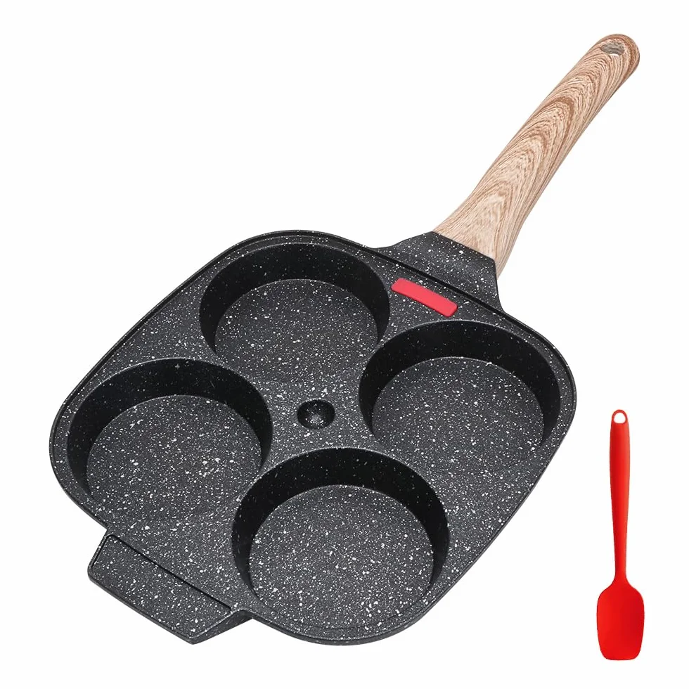 Padella Pancake, Pankache Padella Antiaderente Padella per Frittata a 4 Fori in Alluminio Per Colazione Hamburger Uova Fritte, per Induzione e Gas (Nero)