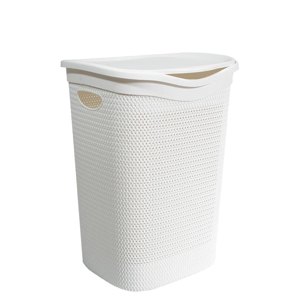 Virsus Cesto Portabiancheria in Plastica Effetto Rattan, 39,5x37x54 cm, cesta rettangolare con coperchio, struttura Intrecciata per biancheria sporca in bagno, lavanderia, Hotel -4037F-1,8 (Bianco)