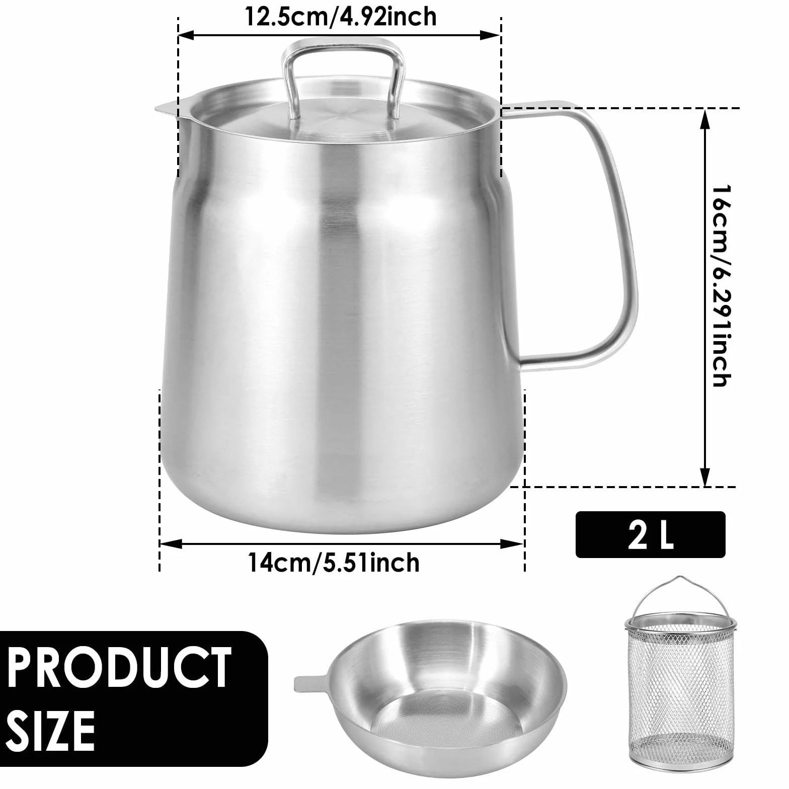 Bacon - Contenitore salva-grasso in acciaio inox, con filtro a rete e cestello, filtro per olio per friggere, filtro antipolvere per grasso (2 l)