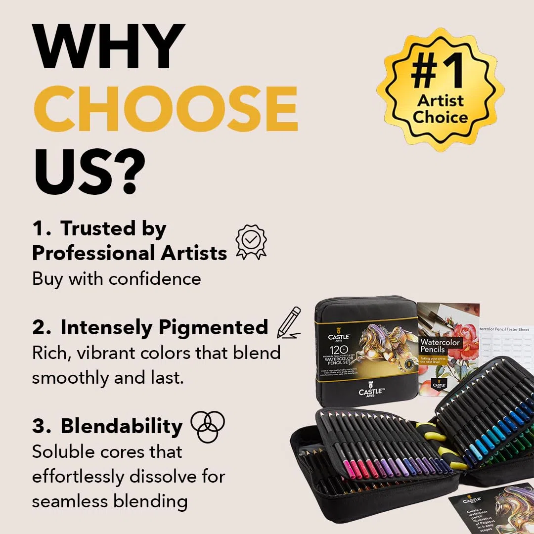 Castle Art Supplies 120 matite ad acquerello con integratori | Pigmenti vibranti di qualità | Disegna e dipingi allo stesso tempo | Per adulti dilettanti e professionisti | In una custodia