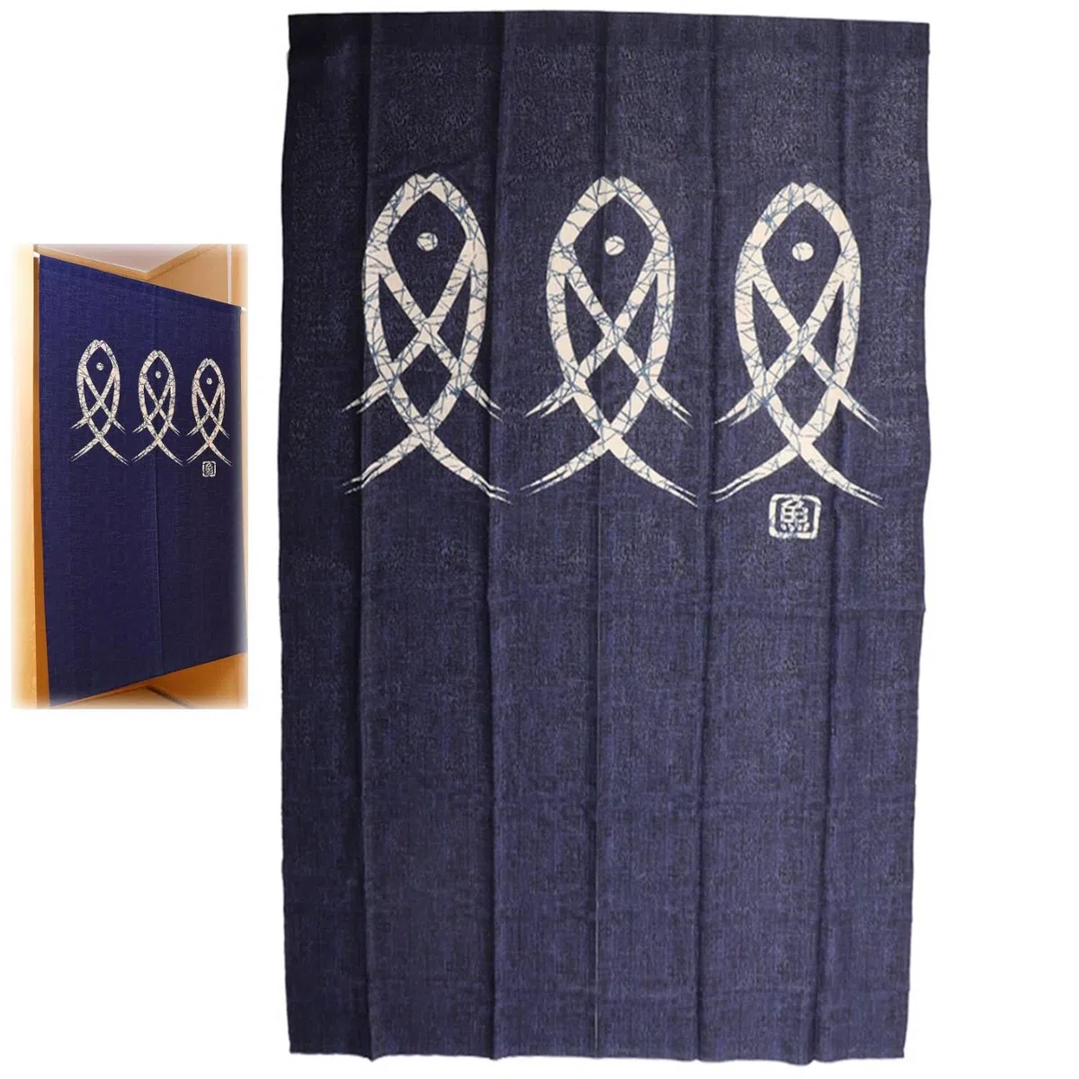 Tissting Tenda Porta Stile Giapponese, Arazzo Decorativo Noren con 3 Pesci, 150x85 cm, Tessuto di Alta Qualità per Ristoranti, Bar, Sala da Tè