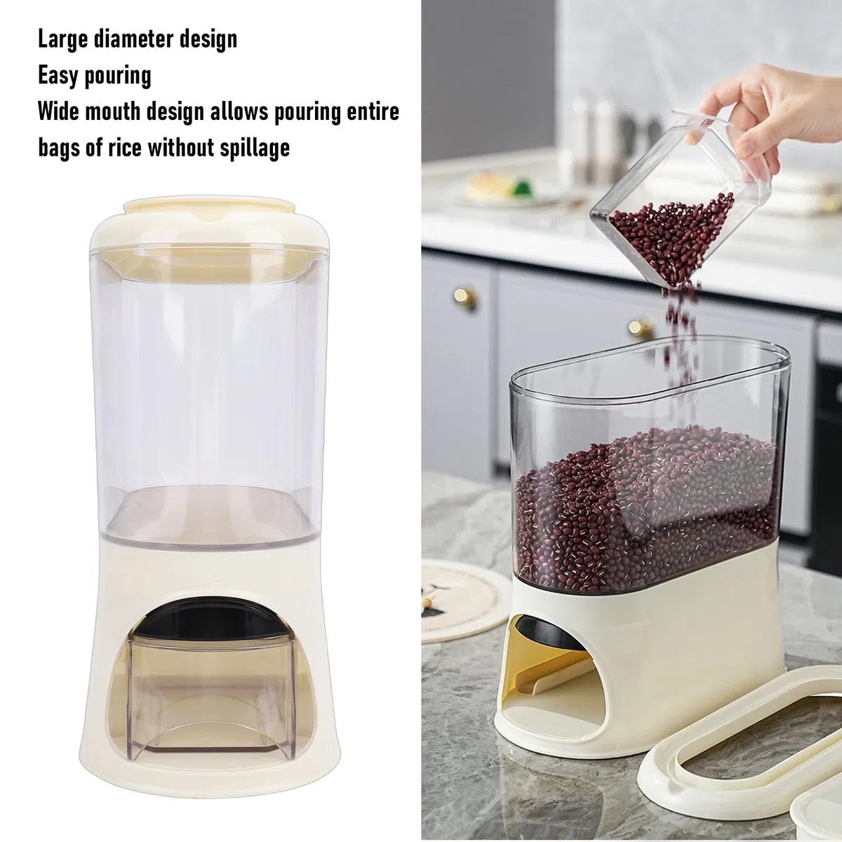TOPINCN Dispenser Di Riso, Contenitore Per La Conservazione Del Riso Da 3 Litri Dispenser Di Cereali Sigillato Secchio Per Cereali Con Misurino Per Farina Di, Farina Di, (Color crema)