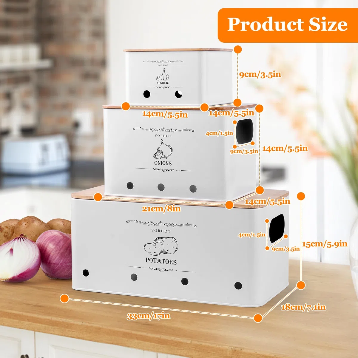Porta Patate Cipolle Aglio, Set di 3 Contenitore Patate e Cipolle e Aglio, Porta Cucina con con Coperchio in Bambù e Fori di Ventilazione, Bianco
