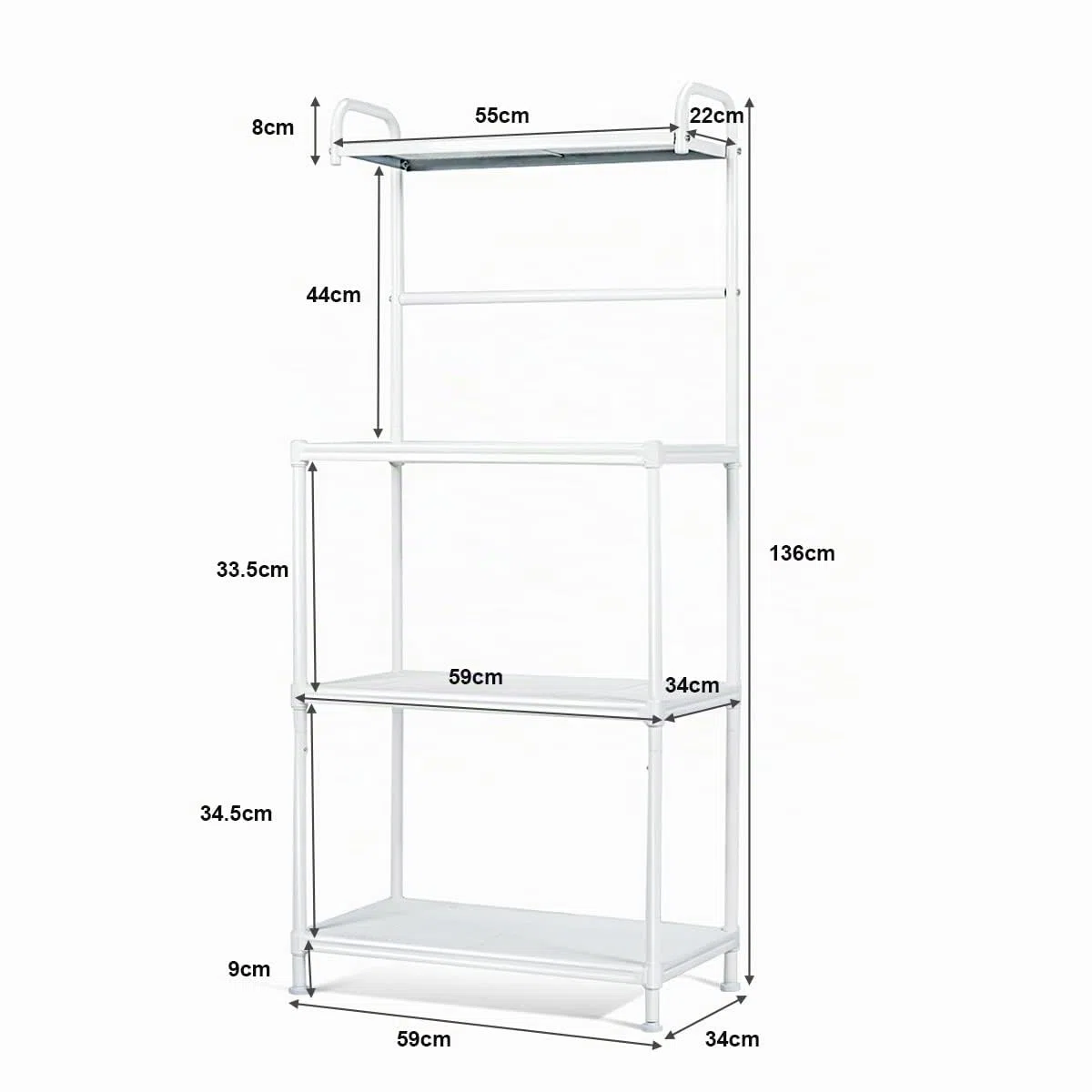 KOMFOTTEU Mensola da Cucina a 4 Livelli in Metallo, con 4 Piedini Antiscivolo, 60 x 34,5 x 136 cm, Supporto per Forno a Microonde, Scaffale Multifunzionale per Cucina e Sala da Pranzo (Bianco)