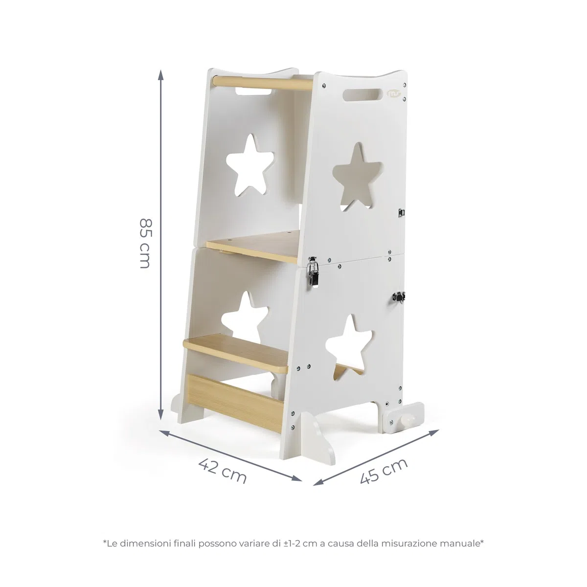 MS BabyWorld – Learn Up – Torre d'Apprendimento Montessori | Convertibile in Scrivania con Lavagna e Sgabello | Legno Massello | Barra di Sicurezza | Pieghevole