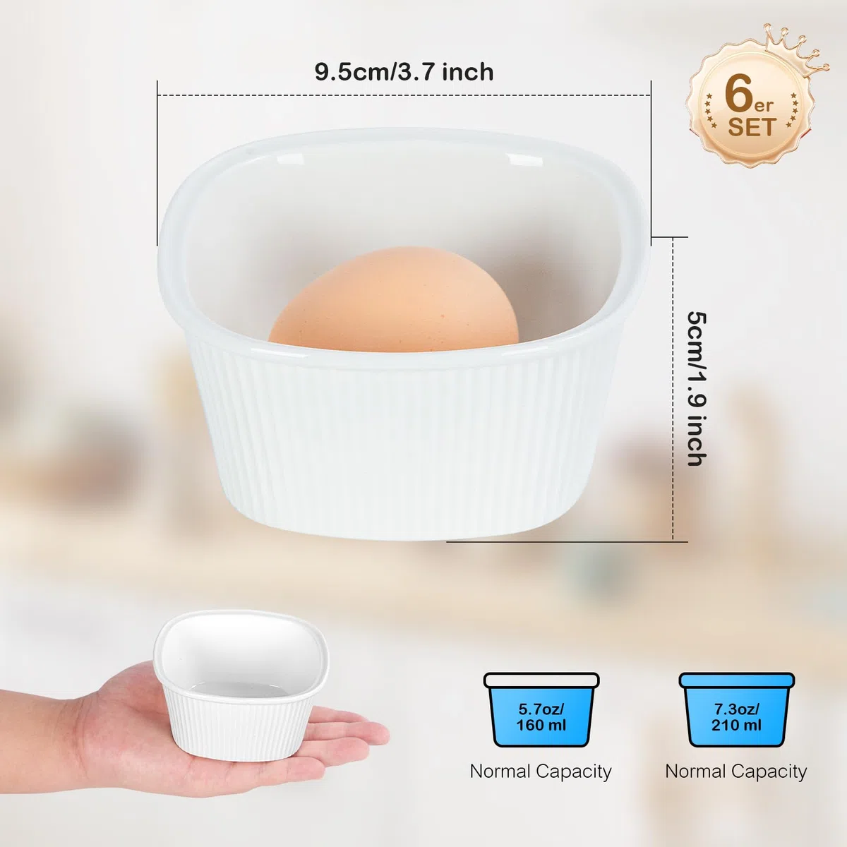FoiiLiio 6x stampi per soufflé,210 ml Pirottini in Ceramica,Mini Ciotole in Porcellana per Creme Brulè,ciotole in ceramica per creme brulee,Resistenti al Forno,Bianco,Quadrato