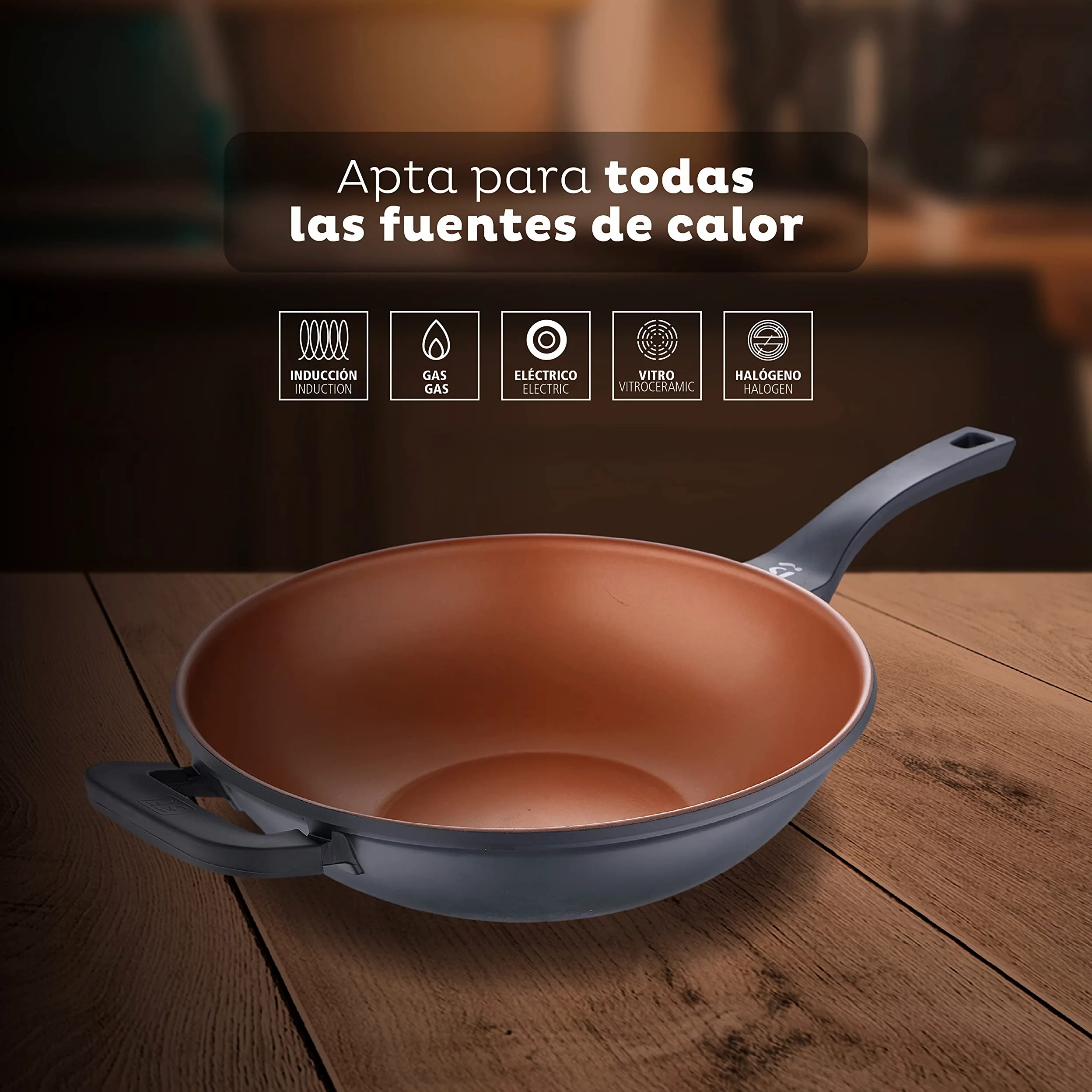 SAN IGNACIO Bronze | Wok 32cm | Antiaderente | Fabbricata in Alluminio Pressofuso | Con Manico Soft Touch | Adatta a Ogni Tipo di Piano Cottura