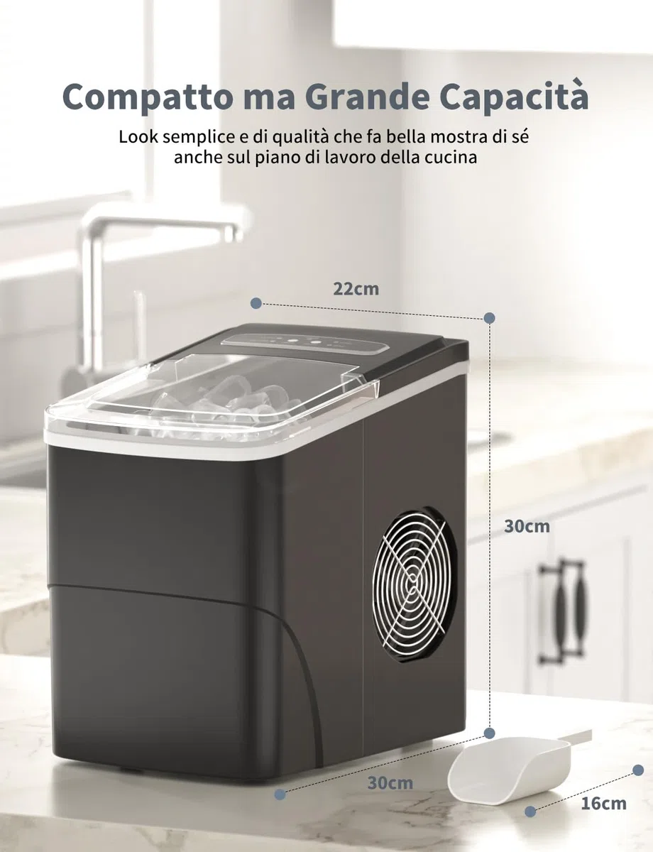 Macchina Ghiaccio 12KG/24h, 2.2L Macchina del Ghiaccio Casa Professionale, S/L Dimensioni, Pronto in 6-9 Minuti, Silenzioso, Ice Maker per Casa/Bar, Nero