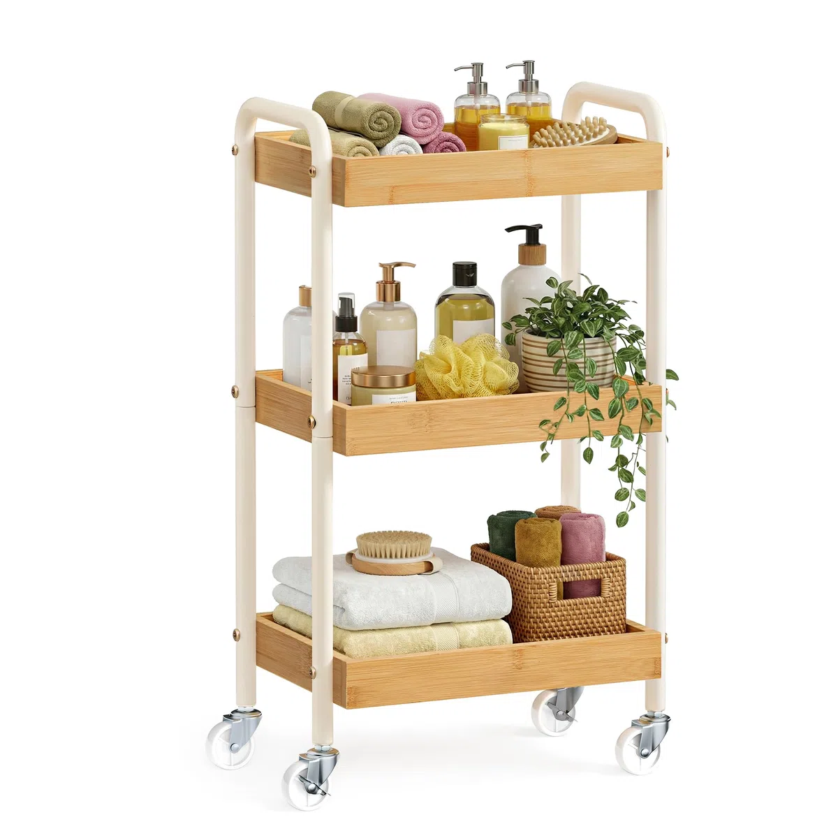 SONGMICS Carrello Portaoggetti, Carrello di Servizio, Scaffale Cucina con Maniglie, Montaggio Facile, Camera da Letto Bagno Cucina, Struttura Acciaio, 27,5 x 41,3 x 73 cm, Beige Naturale LRC081YL01