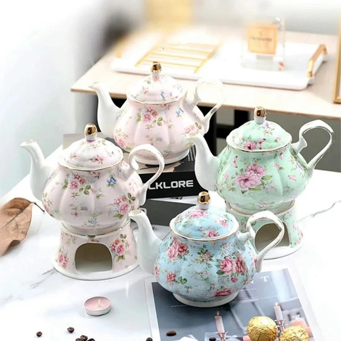 Teiera Inglese Britannica da 400 ml con Base riscaldante in Porcellana, Set di teiere con fornello in Ceramica