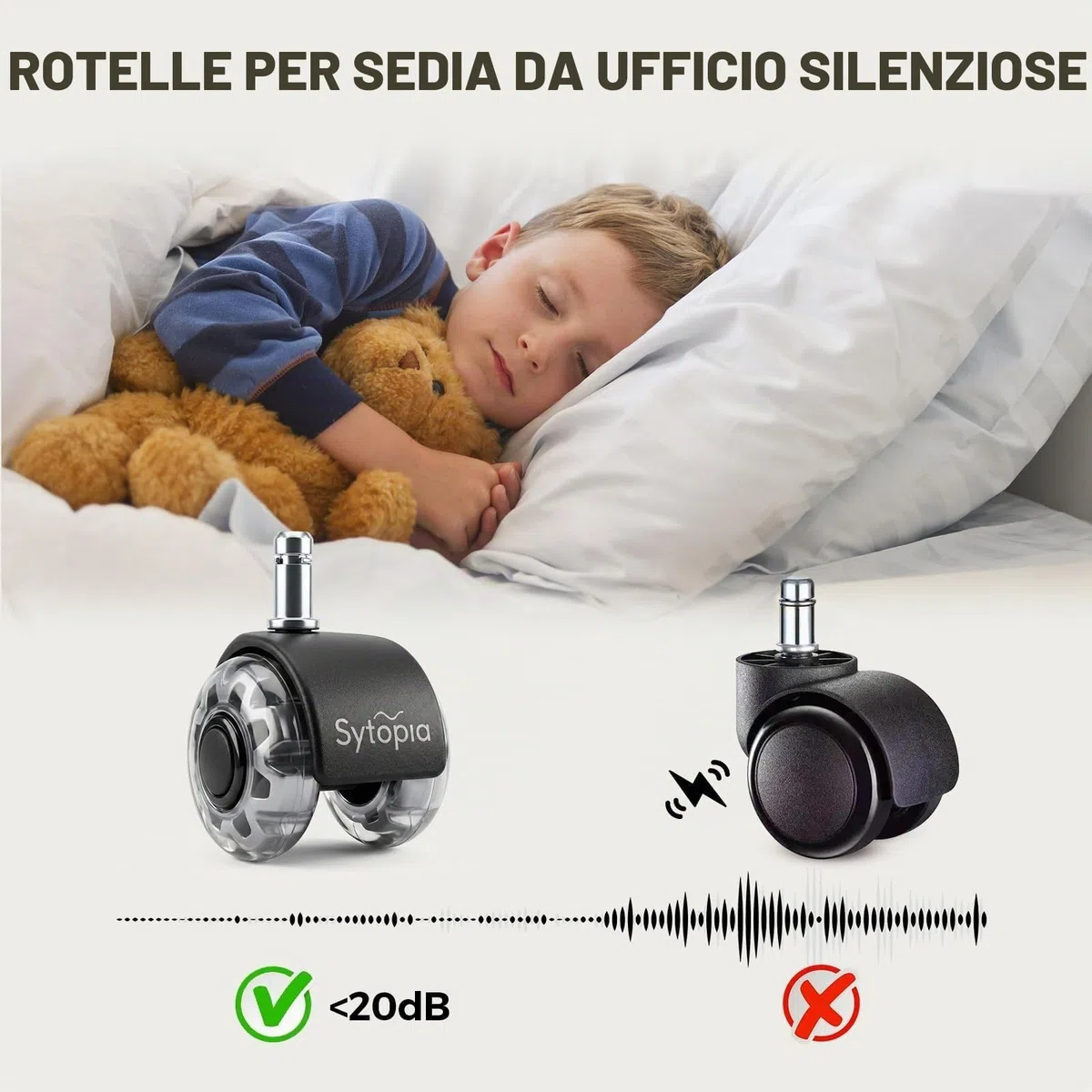 Sytopia Set di 5 ruote per sedia da ufficio, 11 x 22 mm, super silenziose e morbide, per pavimenti duri, parquet, moquette, laminato, non richiede tappetino protettivo per pavimento (non adatto per