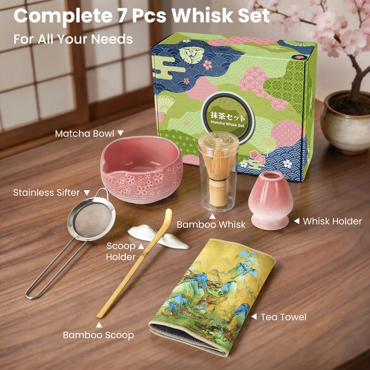 Kit Matcha 7 pezzi, Frusta in Bambù con Portafrusta, Ciotola in Ceramica con Beccuccio, Colino, Cucchiaio, Strofinaccio – Per Matcha Latte, Cerimonia del Tè Giapponese – Rosa Sfumato