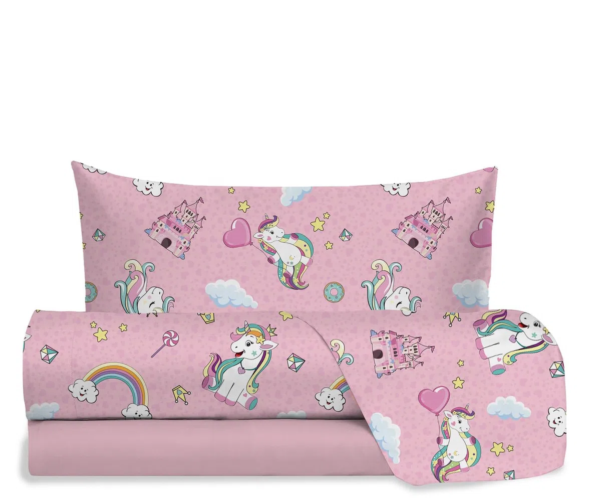 hermet Jolly, Set Lenzuola Letto Singolo Unicorno, 100% Cotone, Lenzuolo Sopra + Lenzuolo con Angoli + Federa, Completo Letto Rosa Cameretta