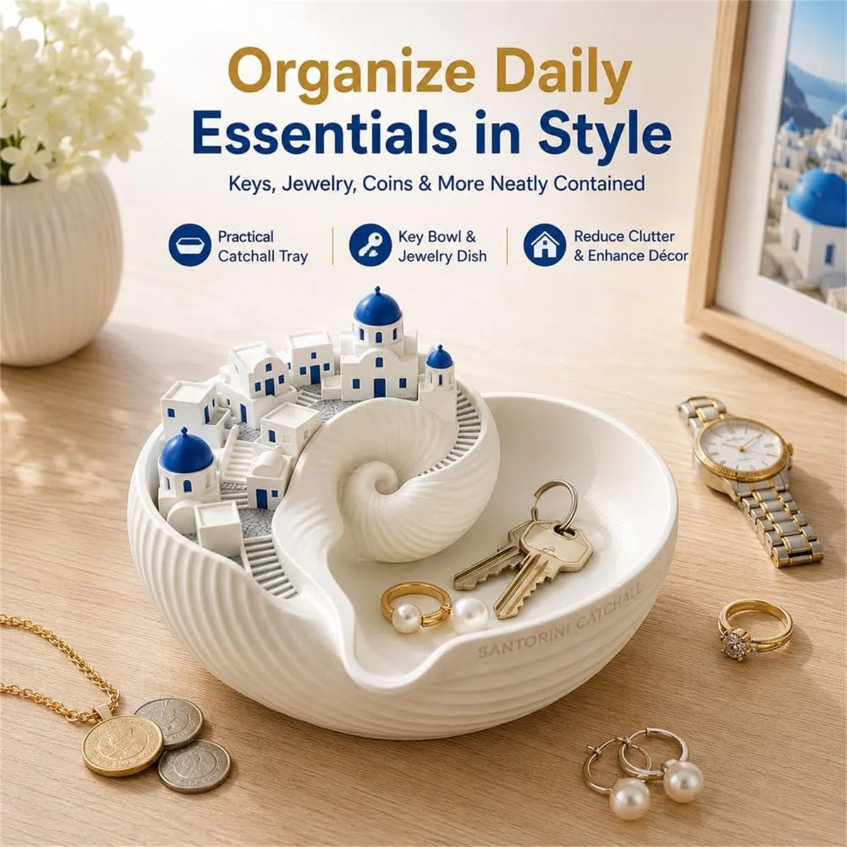 Ciotola portaoggetti di Santorini, organizer per chiavi dell'isola greca stampata in 3D, ciotola conchiglia da costruzione a cupola blu, vassoio decorativo in stile architettonico (1pc)